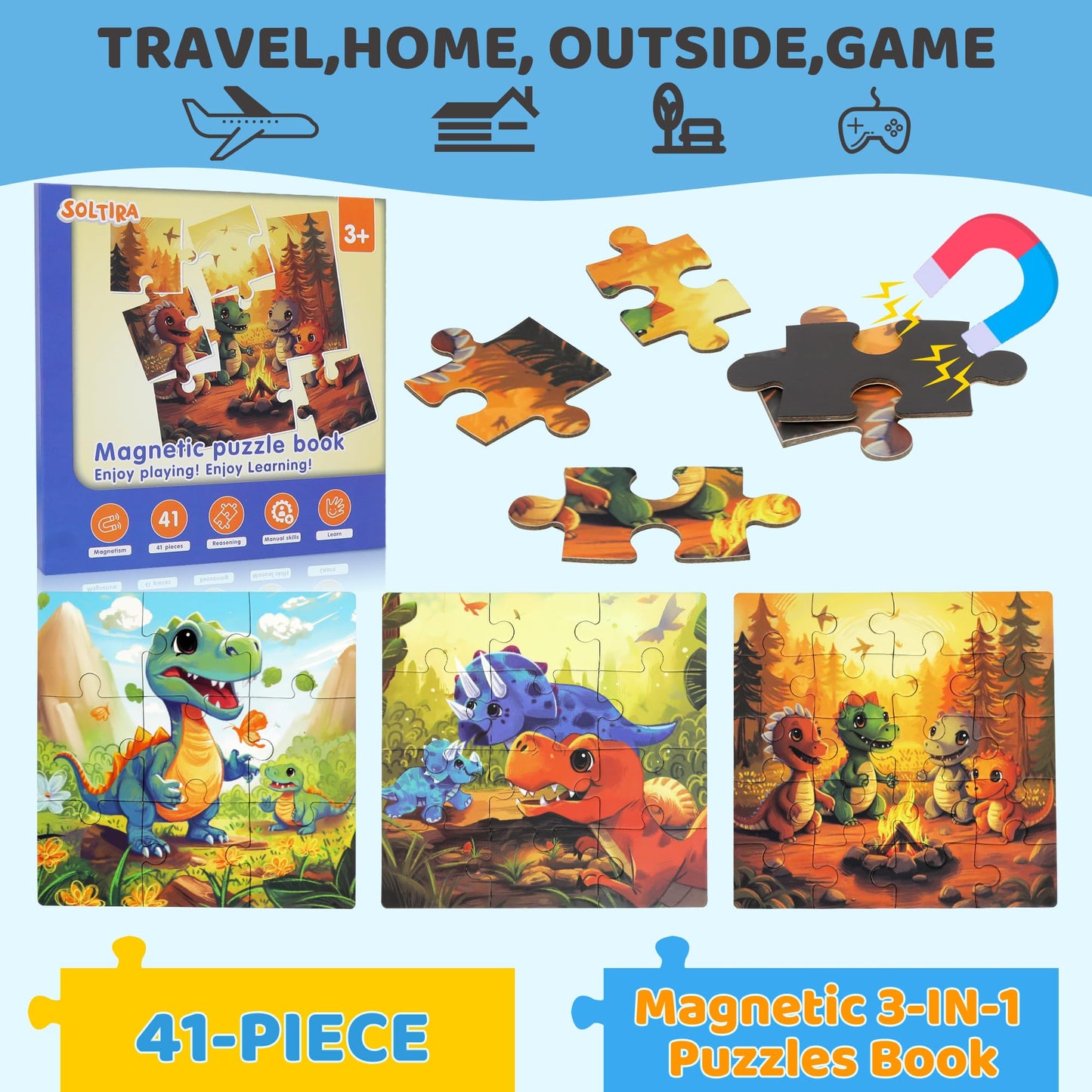 Dinosaur Magnetic Puzzles for Toddlers 3-5 36PCS-3 Animal Themes Puzzles for Kids 4-6 Travel Puzzle for Airplane/Car/Road Trip/Gift Toys for 3-5 Year Old Girls and Boys