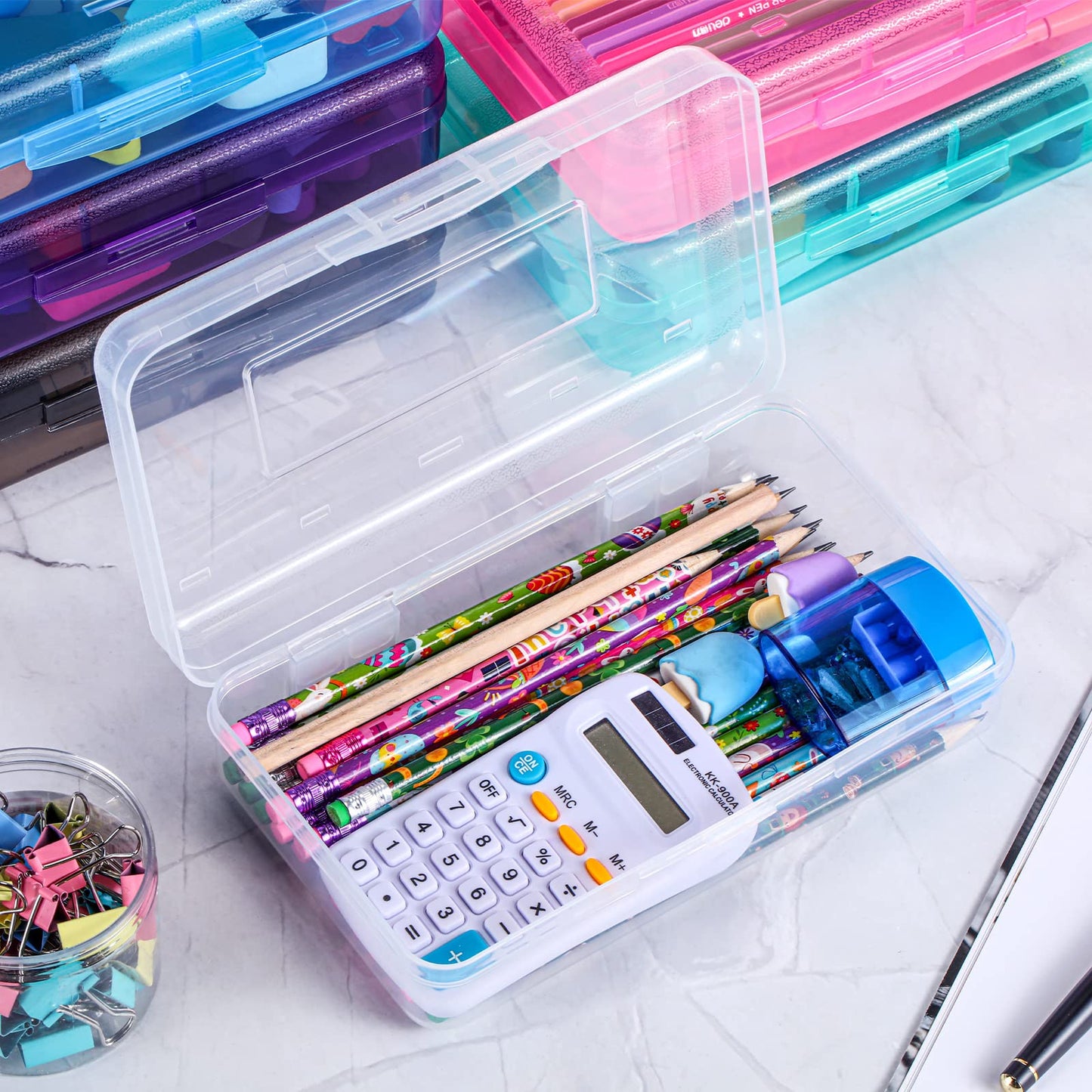 Fainne 24 Pack Pencil Boxes for School Clear Plastic Pencil Case Large Plastic Crayon Box Bulk Stackable Classroom Stationery Organizer School Supplies(Multicolor)