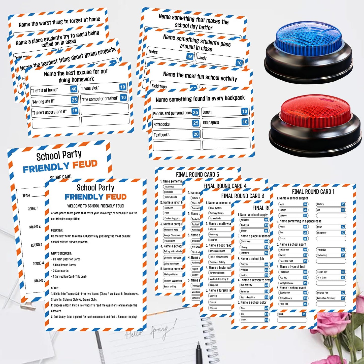 IIDEA School Party Friendly Feud Game with 2 Answer Buzzers, Graduation Team Building Class Reunion Feud Cards for School Game Night Fun Trivia Quiz for Students Teachers Groups Holiday Gatherings
