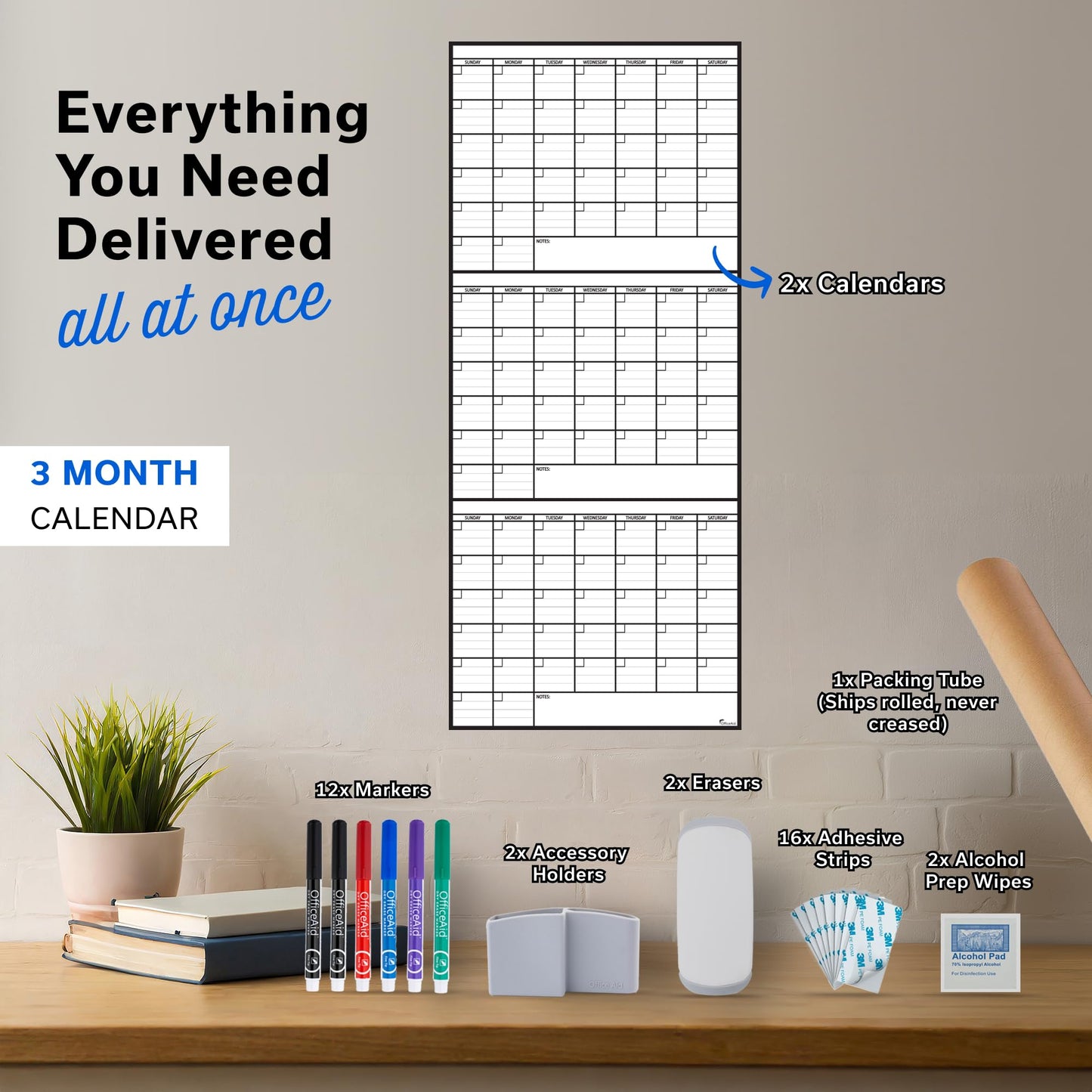 (2 PK) 3 Month Dry Erase Calendar for Wall 40x17, Family Office Large Reusable Big, Monthly Giant Dry Erase Planner, Rolled Whiteboard White Board, Classroom Calendar for Undated Wall Erasable