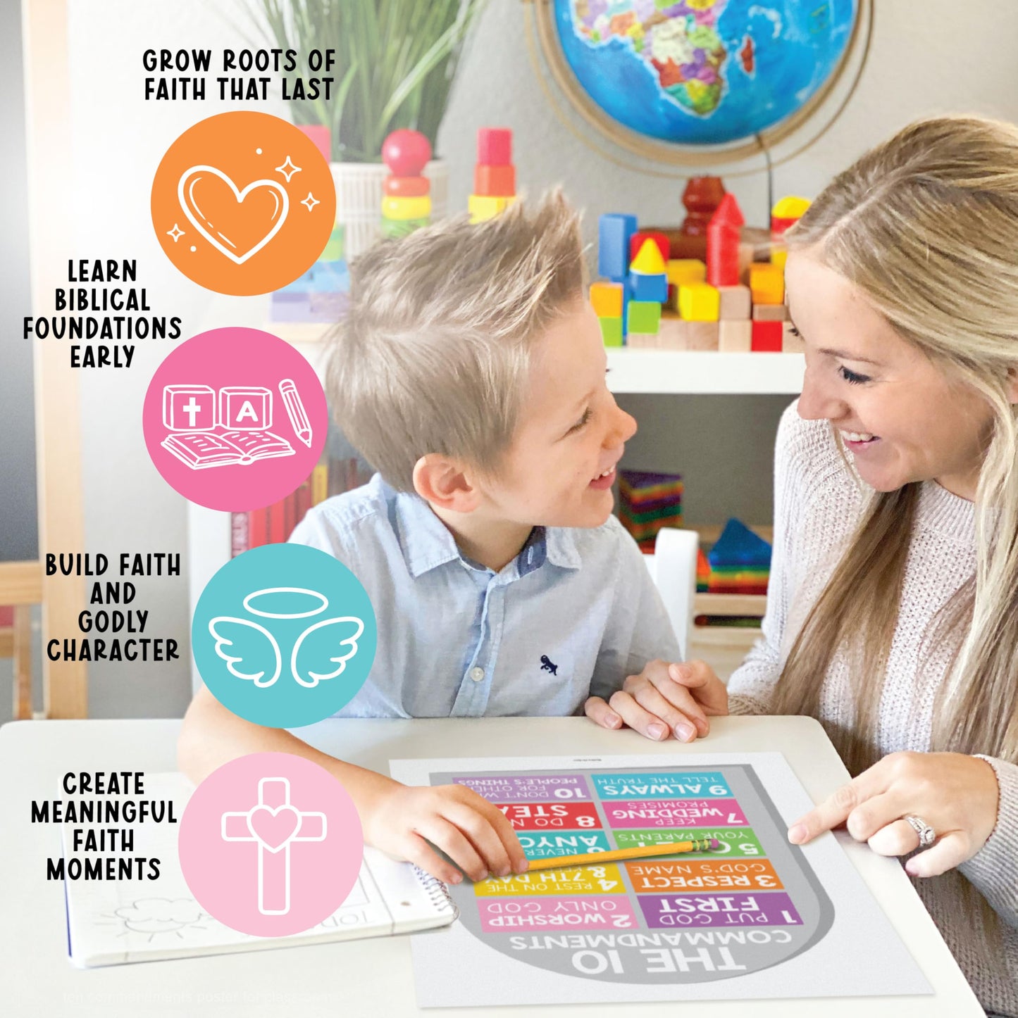 Hadley Designs Sunday School Decorations for Classroom –9 Bible Posters for Kids, Books of the Bible, 10 Commandments, Bible Timeline Chart, Fruits of the Spirit, Rainbow Christian Classroom Decor