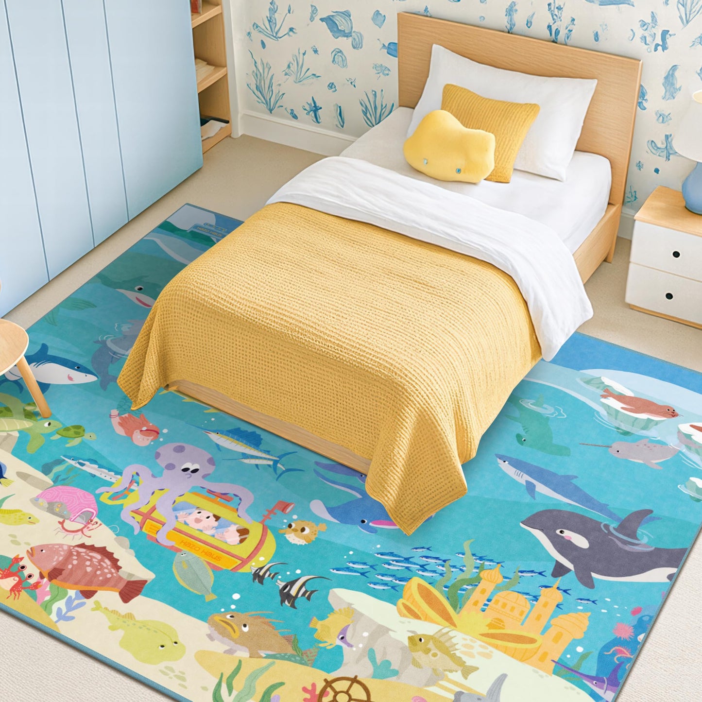Ocean Themed Rug for Kids Room – 6x9 Blue Rug for Kids Room, Sea Creatures & Mermaid, Fish, Washable Non Slip Soft Carpet for Classroom, Bedroom or Playroom