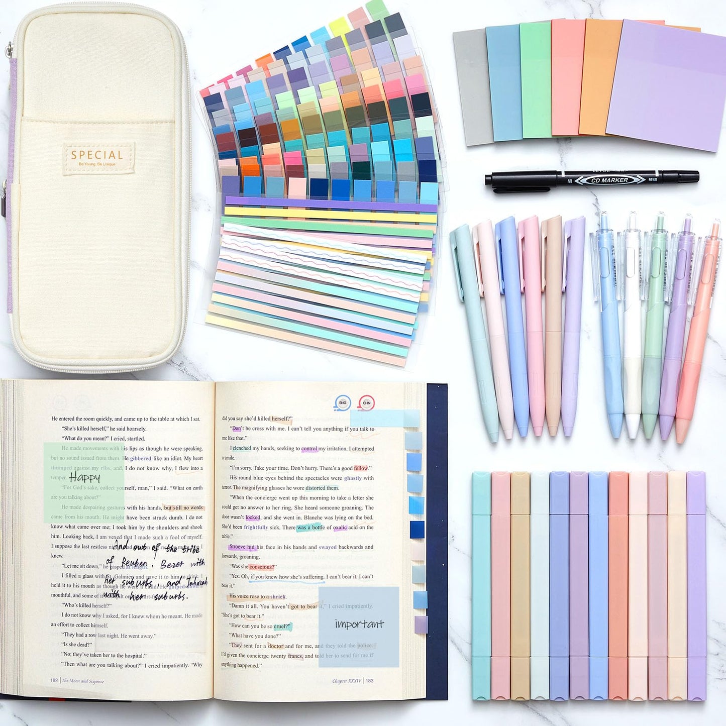 Trandraft 135 Pcs Book Annotation Kit with Pencil Case, 12 Pastel Highlighters, 11 Gel Pens, Fine Marker, 300 Transparent Sticky Notes, 2640 Index Tabs, Bible Study Supplies Kit(Classic,Purple)