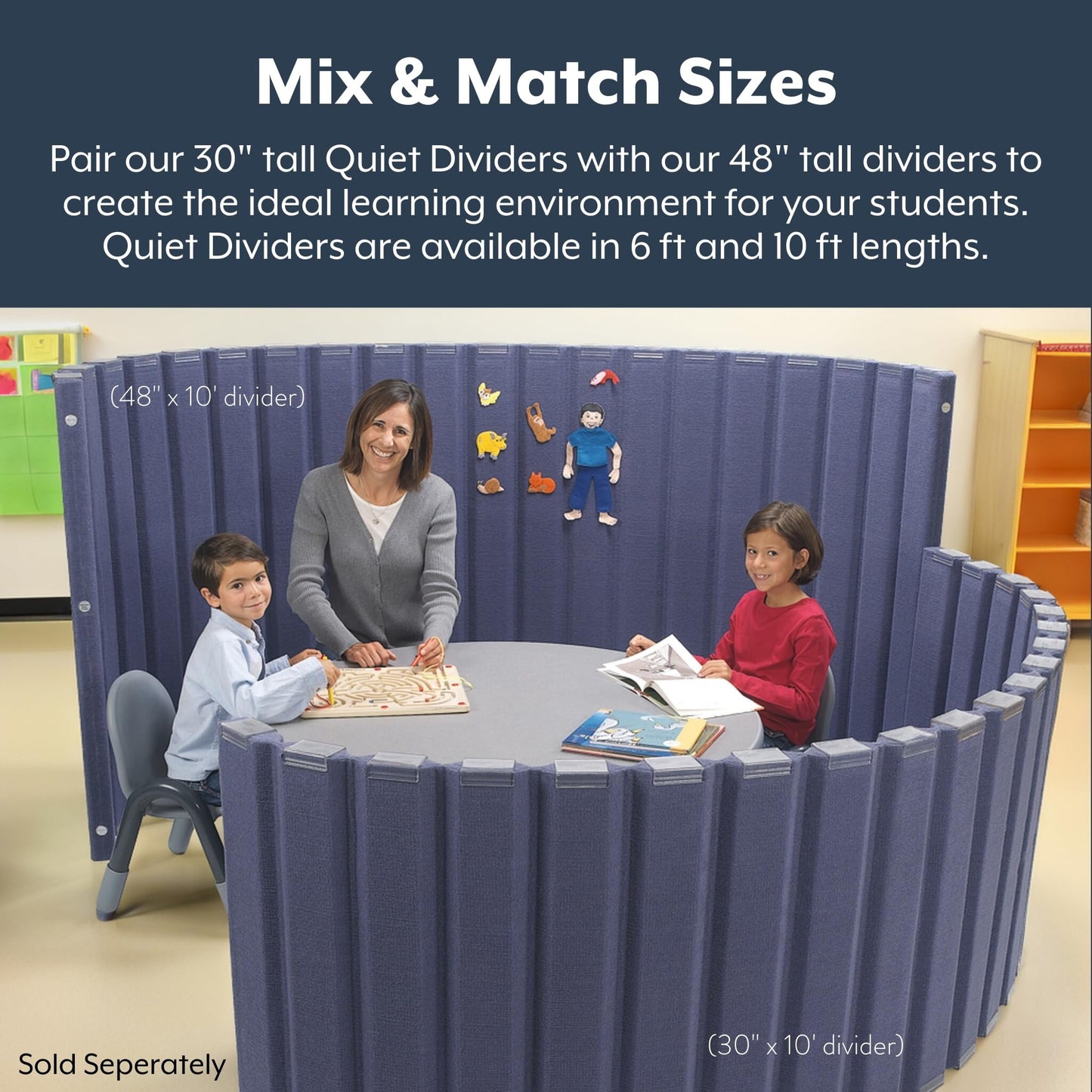 Angeles 48" x 10' Quiet Divider With Sound Dampening Panels, Freestanding Room Divider Wall, Gray