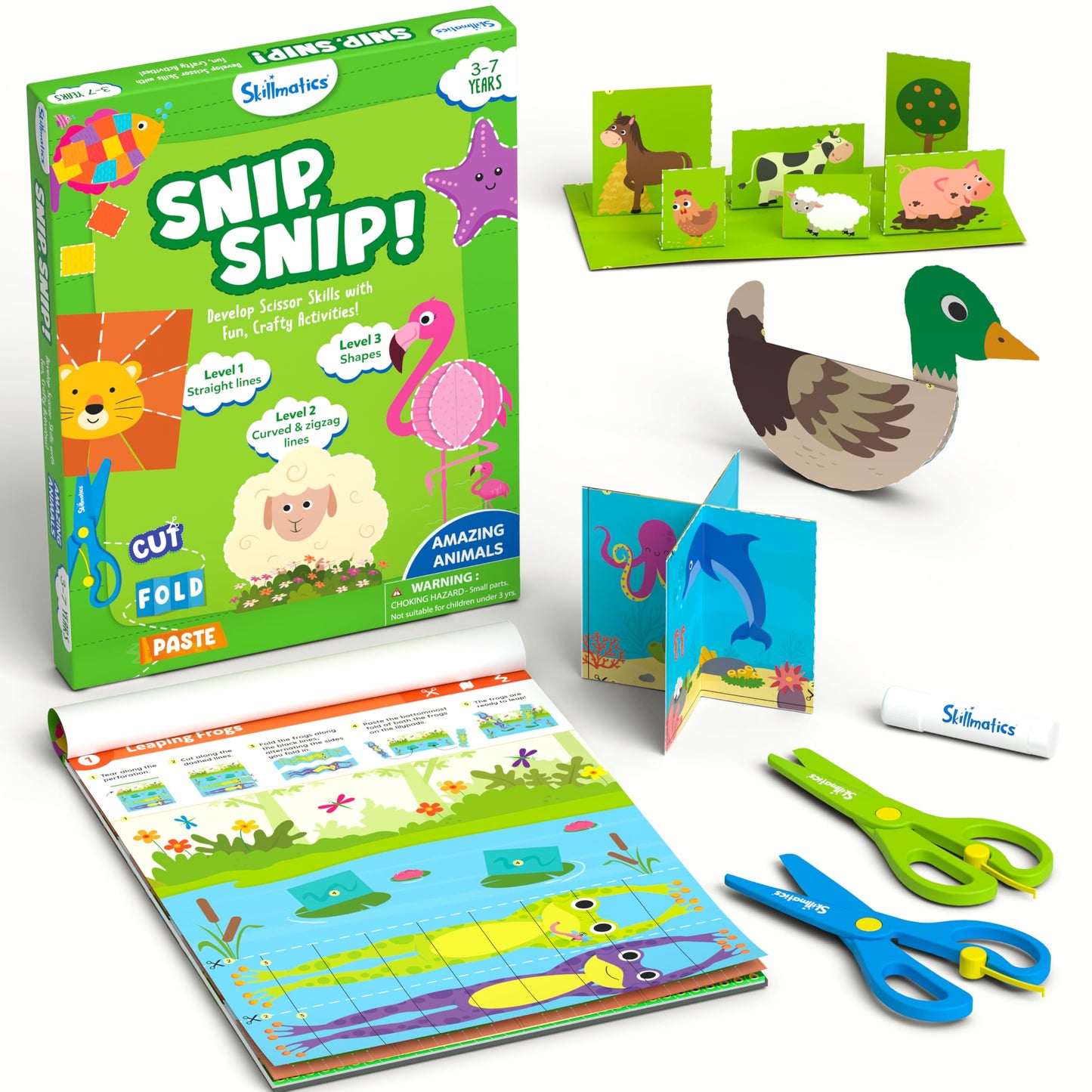 Skillmatics Scissor Skills Activity Book - Snip Snip Animals, 25 Fun Cutting & Creative Activities for Preschoolers, 2 Child-Safe Scissors, Felt Craft Kit, Gifts for Kids Ages 3, 4, 5, 6, 7
