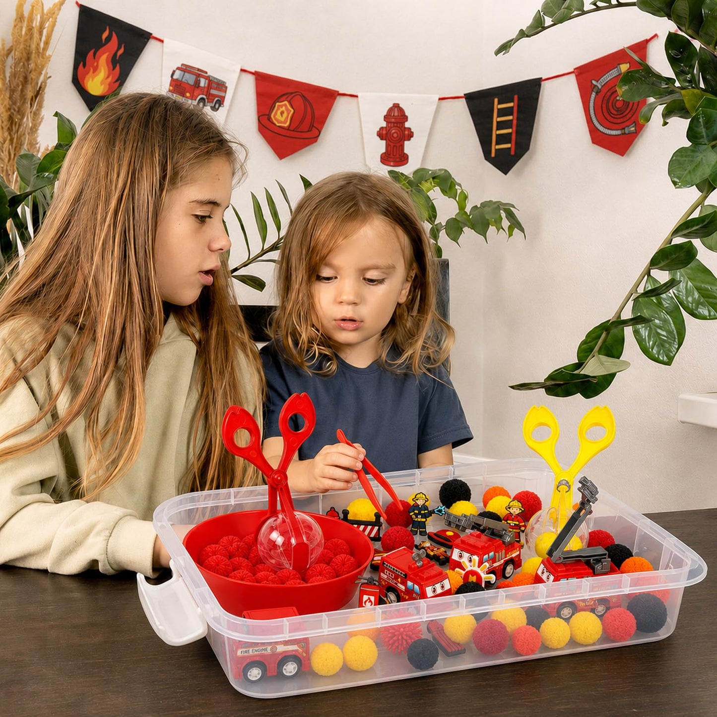 Cinrobiye 138 Pcs Firefighter Sensory Bin Fillers Set Fire Truck Rescue Theme Kit with Fireman Figures Traffic Barriers Storage Box for Fire Station Scene Setup and Learning Resources