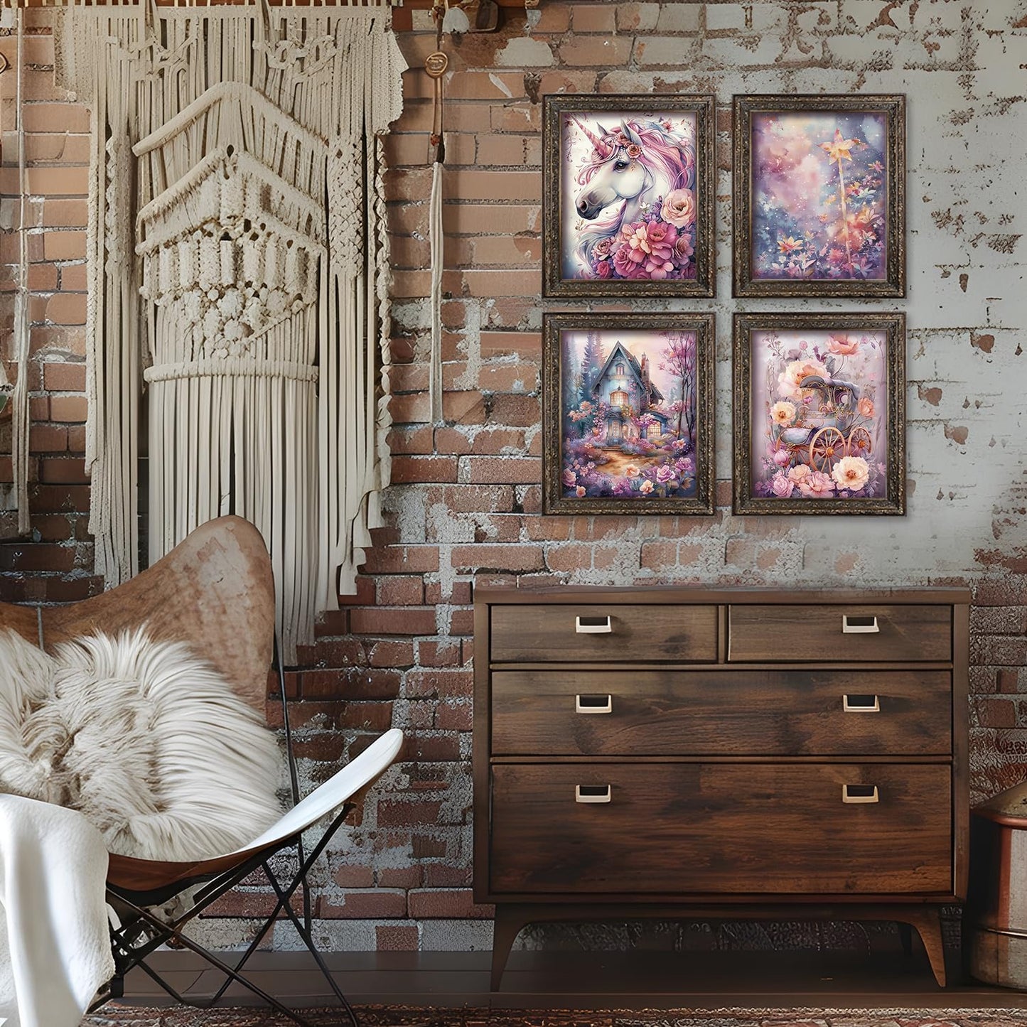 Locomiss Enchanted Forest Fantasy Horse Floral Wall Art Decor, Whimsical Mystical Fairytale Carriage Prints Posters for Girl Nursery Toddler Girls Room Bedroom Wall Decor, Set of 4, 8x10 Unframed