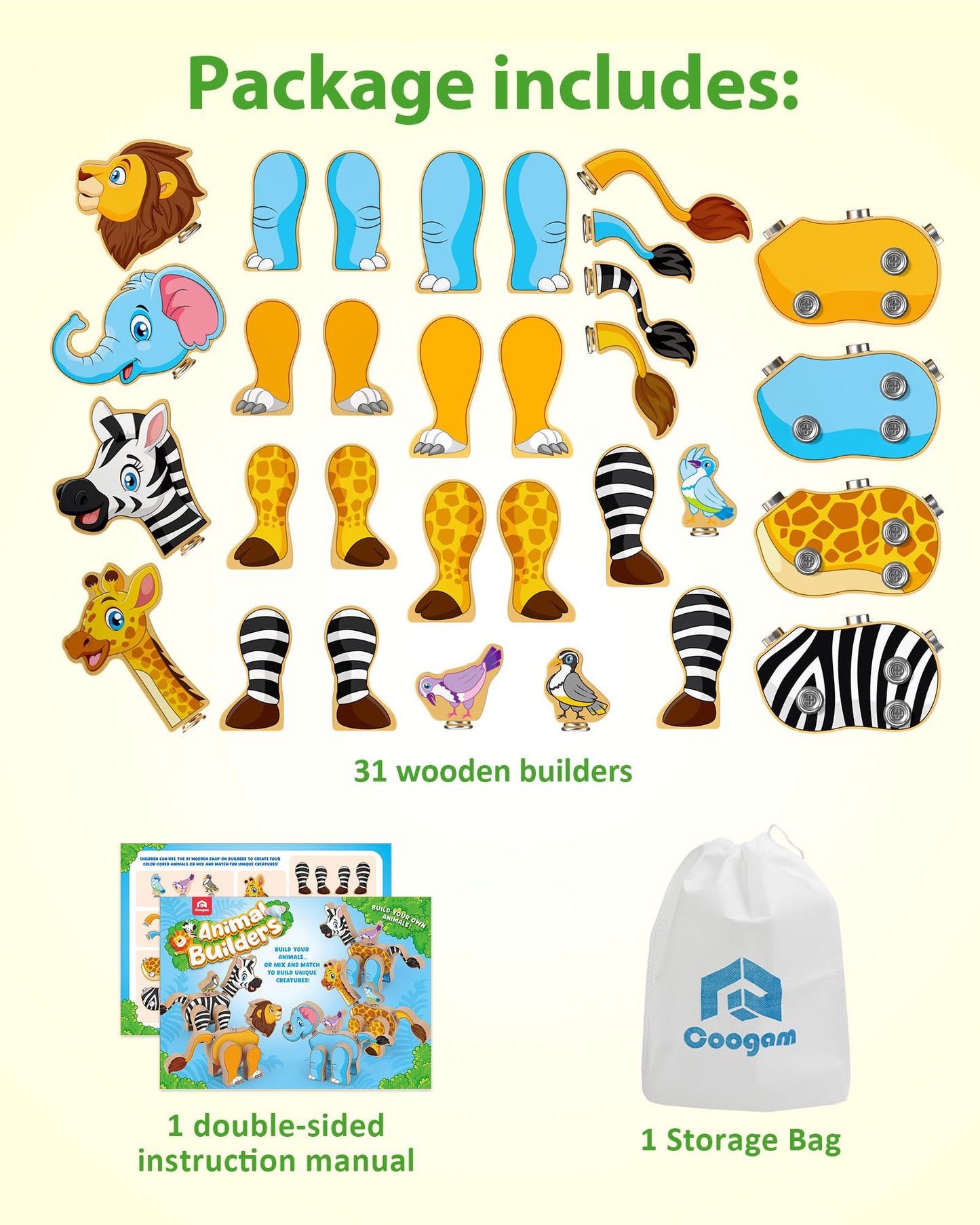 Coogam Wooden Snap Together Building Toy, Take Apart Construction Builders, Assembly Animal Building Blocks, STEM Fine Motor Learning Toy Gift for 3 4 5 Years Old Kids