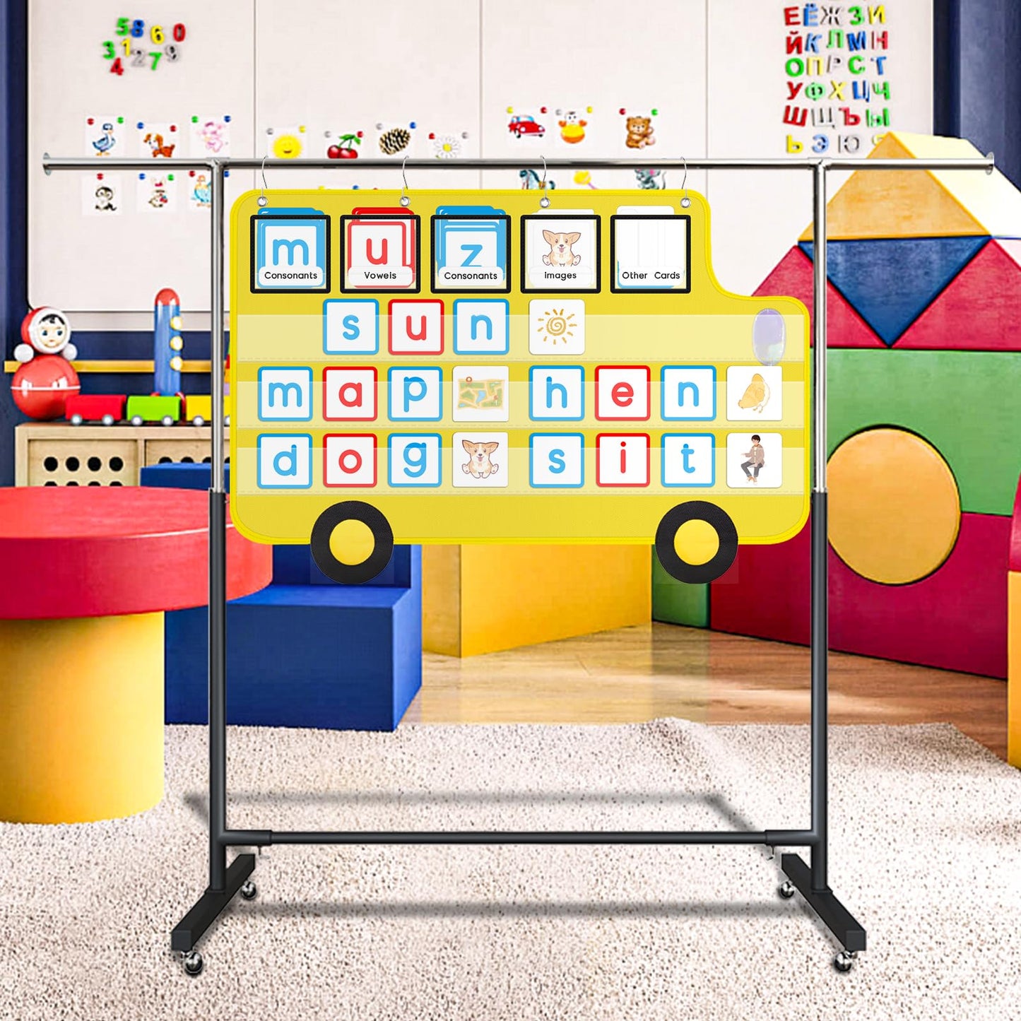 Pocket Chart for Classroom, 33 ⅞ " x 22" Large School Bus Shaped Pocket Charts for Kids, Back to School Supplies, Classroom Decor Hanging Pocket Charts with 8 Sentence Strips Holder (Yellow)
