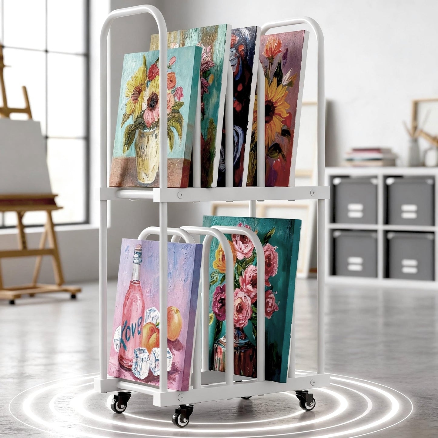 BERPET Art Storage Rack with Wheels, Double-Tier Adjustable Metal Drying & Display Stand for Canvas, Boards, Prints, and Artwork – Heavy-Duty Mobile Organizer for Studio, Classroom