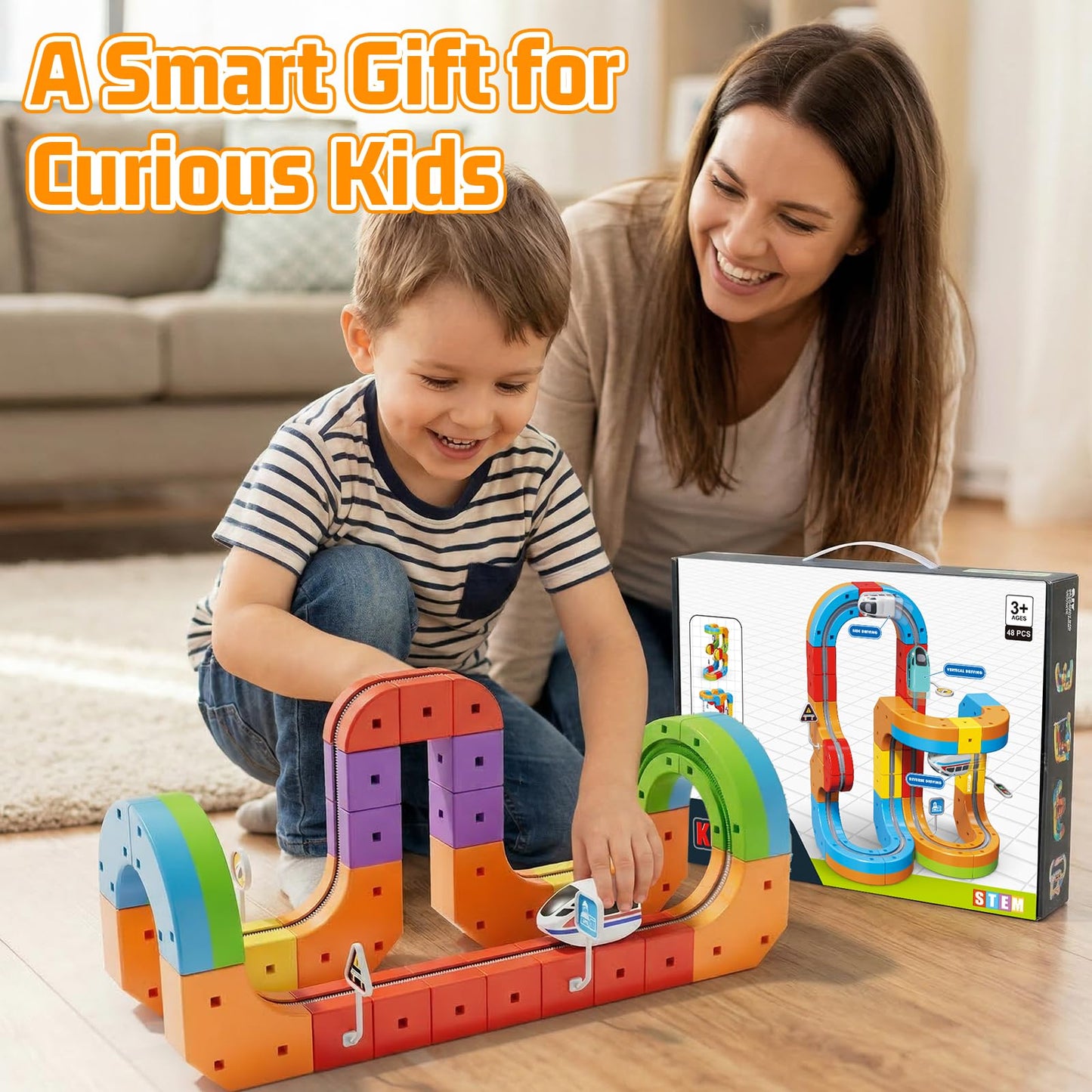 KlickRail Electric Train Set Flexible Race Track for 3 4 5 6 7 8 years old boys and girls, Building Toy Train Track Gravity-Defying 3D Embedded Layouts & Motorized Car, STEM Gif(Advanced Set(48 Piece)