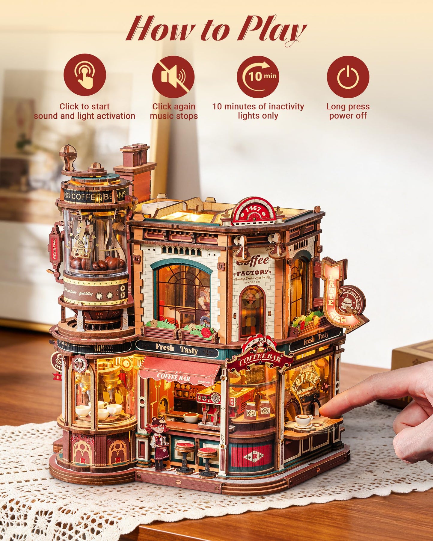 ROKR Dream Coffee Factory, Wooden Music Box Model, Mechanical 3D Wooden Puzzles for Adults, Building Kit with Moving LED Lights, Miniature House Kits, Desk Decor Gift