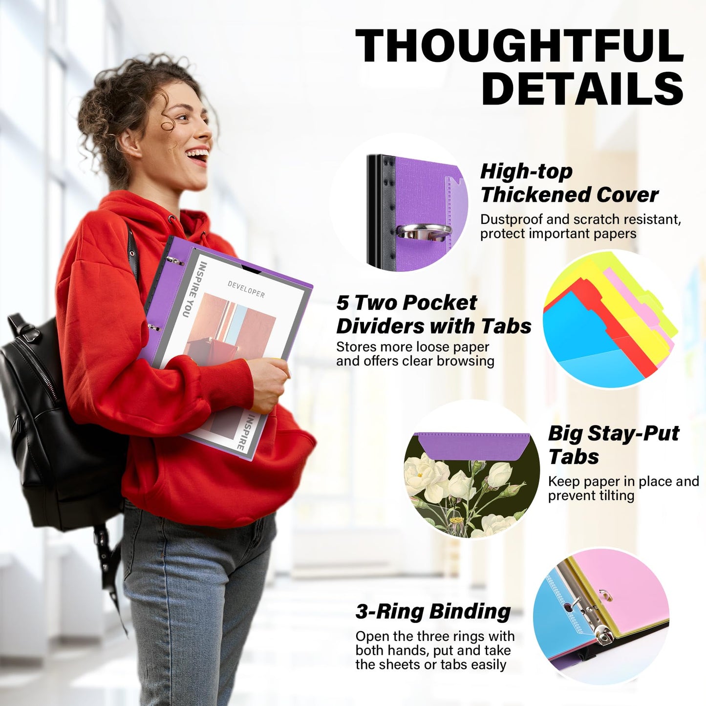 WOT I Telescoping Project Organizer, Refillable 3 Ring Binder with Dividers and Pockets, 13 Pocket Folders, 1 Inch 3 Rings, Purple