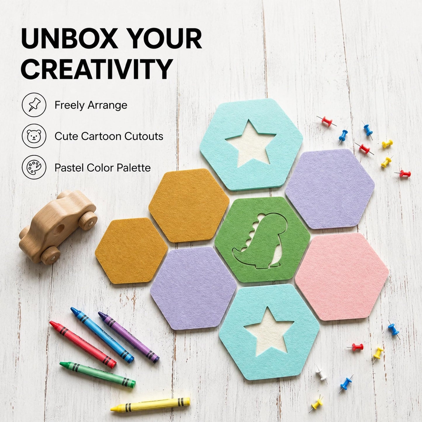 HBK 10 Pack Self Adhesive Felt Bulletin Board Tiles for Wall, 12 Inch Hexagon Pin Board Set with Cute Shapes and Push Pins, Photo Memo Board for Kids Room, Nursery, Classroom, Home Office Decor