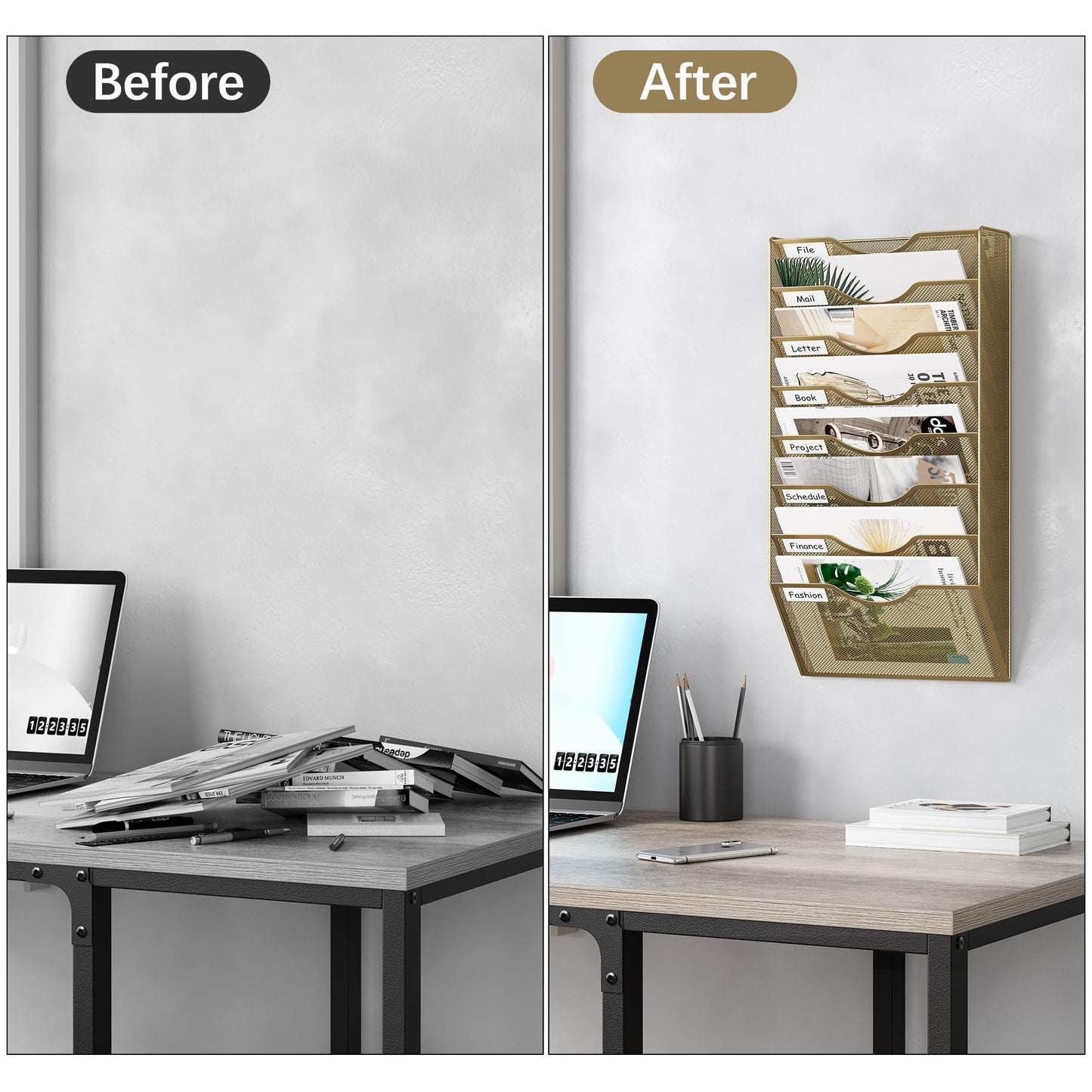 EasyPAG 8 Pocket Mesh Wall File Organizer, Hanging Paper Folder Holder with Classify Label, Vertical Wall Mount Mail Organizer for Office Home Classroom, Gold