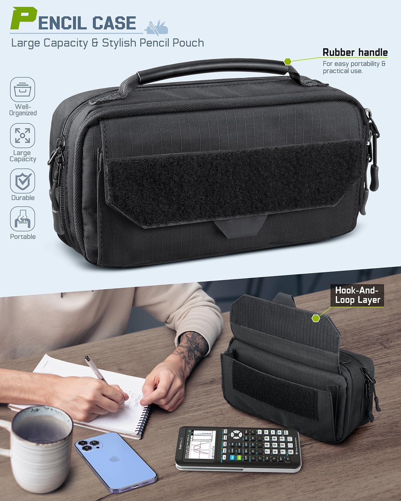 RXW Large Capacity Pencil Case Pouch for Boys, Zippered Tactical Pencil Bag Carry Handle, Small Tool Pouch for Adults (includes US Flag Patch + 2 MOLLE Straps)