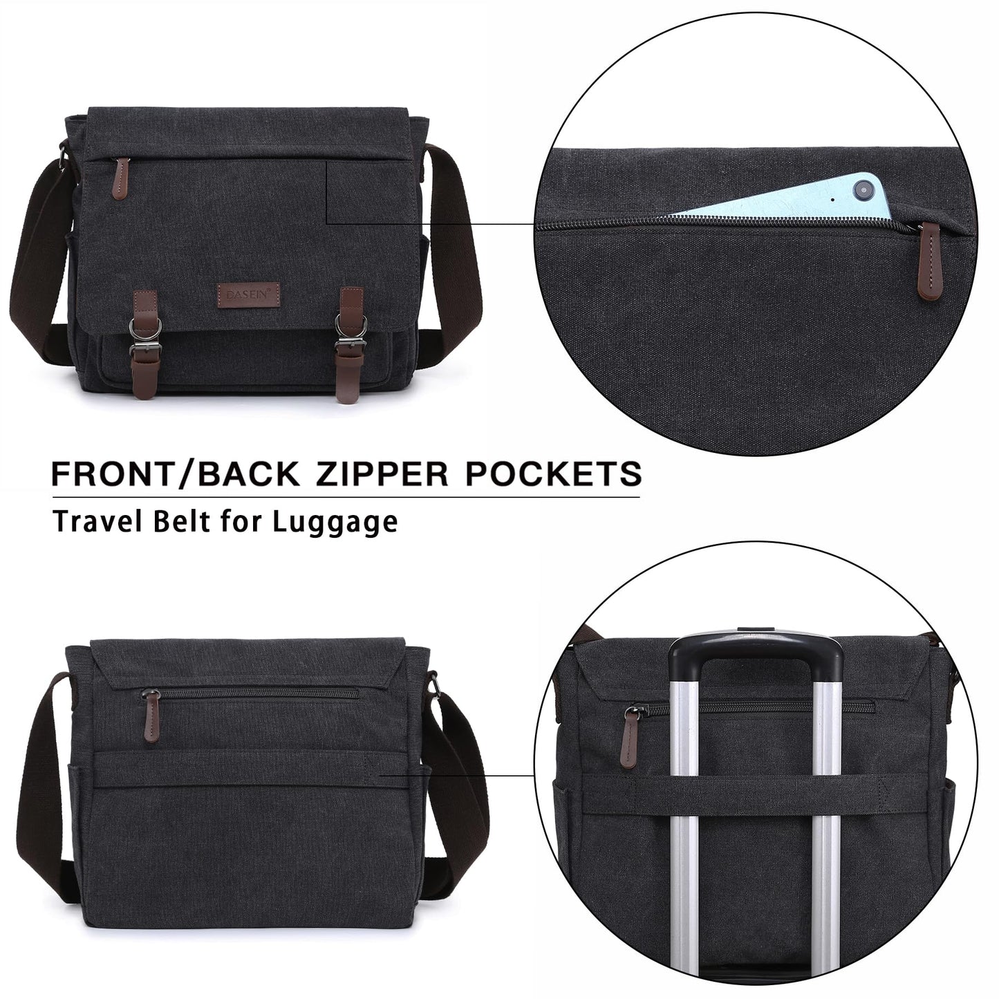 Dasein Large Vintage Canvas Messenger Shoulder Bag, Black, 15in Laptop