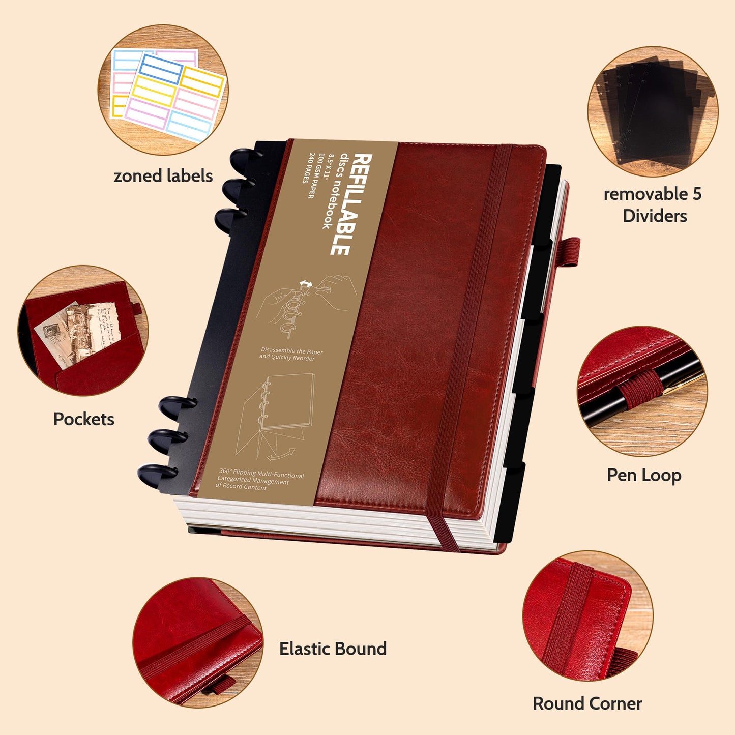 Yoment Refillable Notebooks for Work Discbound: Hardcover Notebook with 5 Subject Removable Dividers Tabs Colleged Ruled Large Journal for Writing Women Men 240 Pages,Dark Red