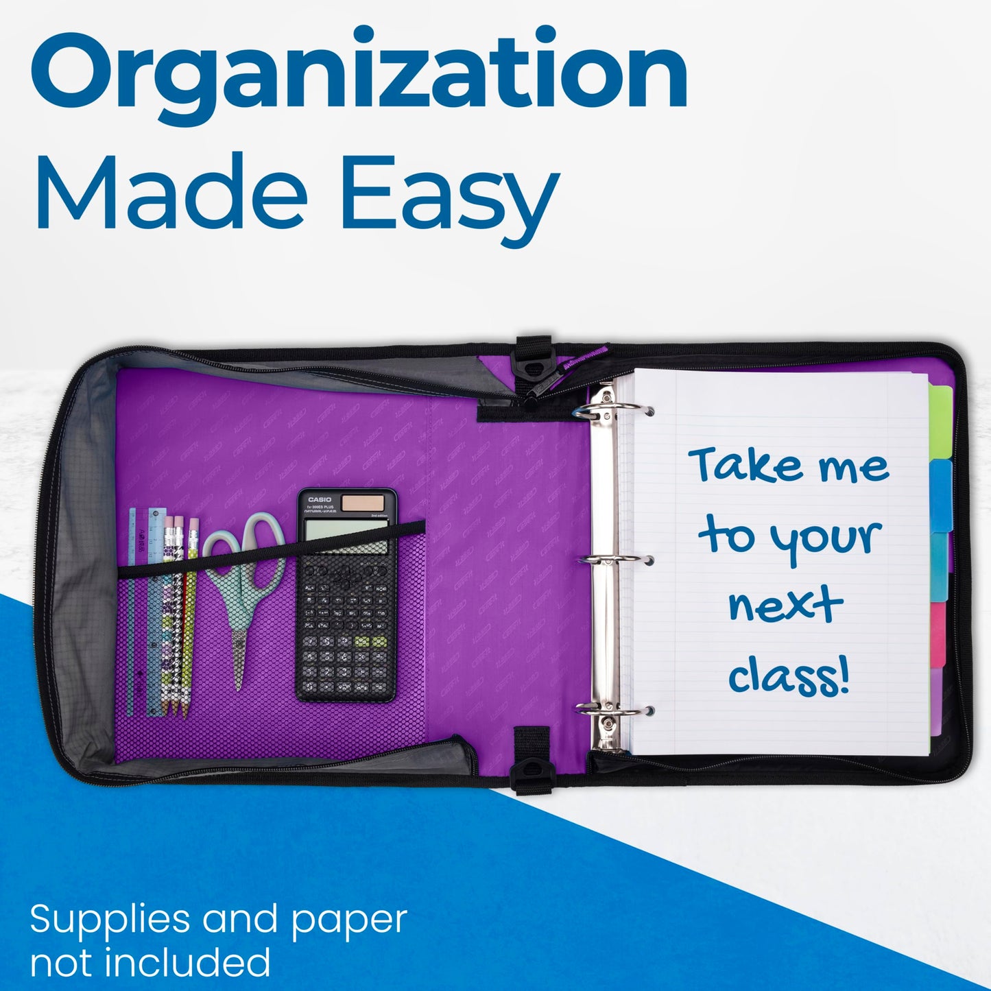 Case-it Classic Zipper Binder | 2-Inch O-Rings, 350 Sheet Capacity, Multiple Storage Pockets & Shoulder Strap | School & Office Organizer | D-251 Deep Purple