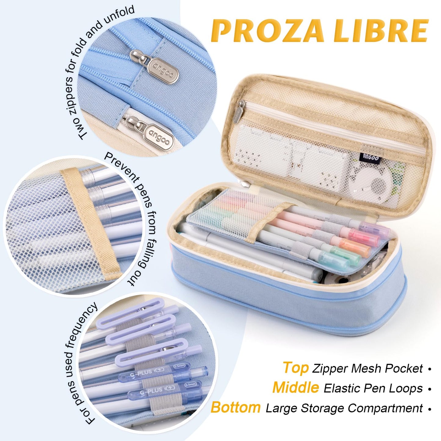 EASTHILL Big Capacity Pencil Pen Case Office College School Large Storage High Capacity Bag Pouch Holder Box Organizer Light Blue