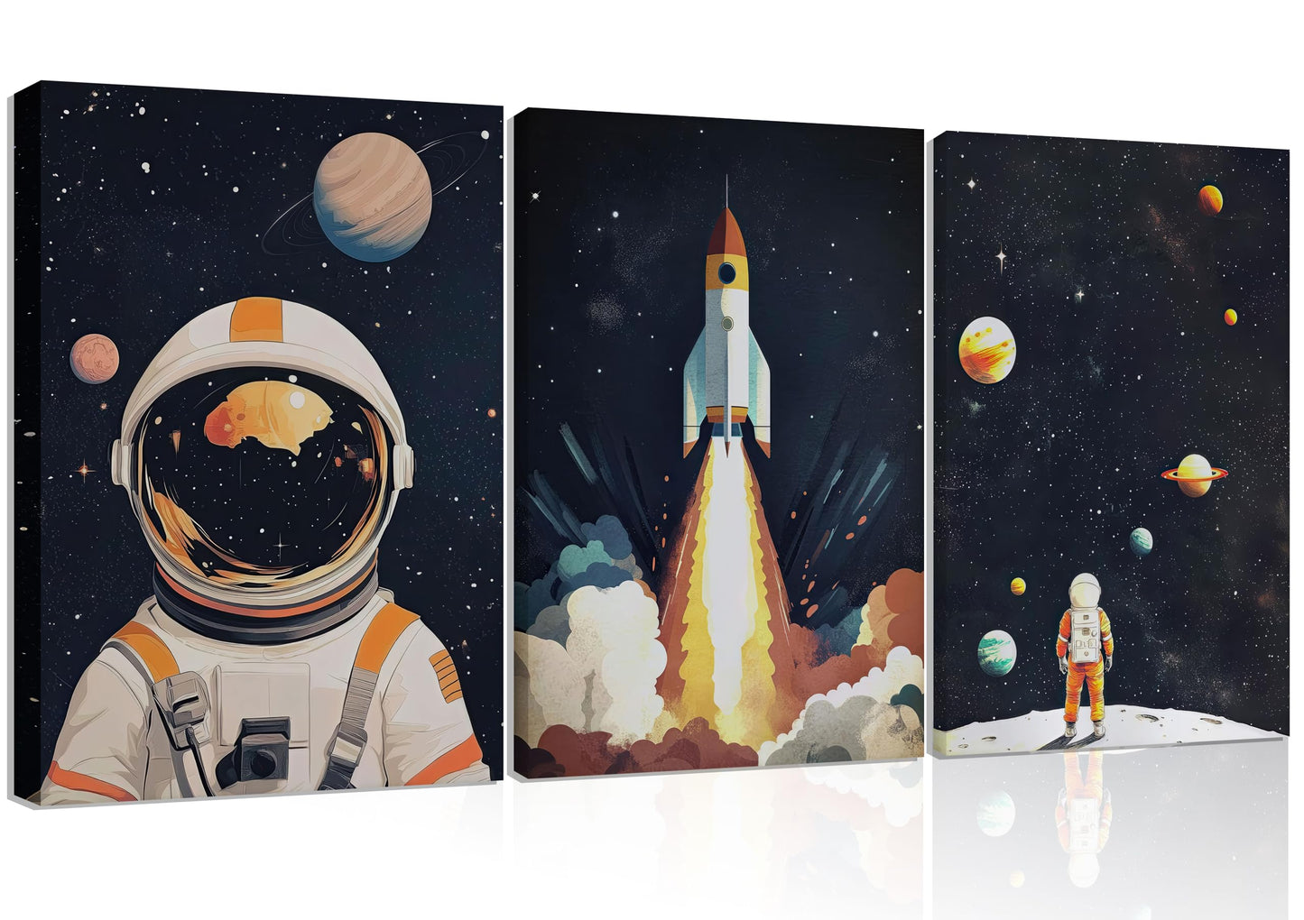 3Pcs Space Astronaut Canvas Wall art Cute Astronaut Nursery Galaxy Posters Modern Space Themed Print Rocket Pictures Toddler Boy Room Wall Decor for Adventure Kids Bedroom Nursery Room Framed