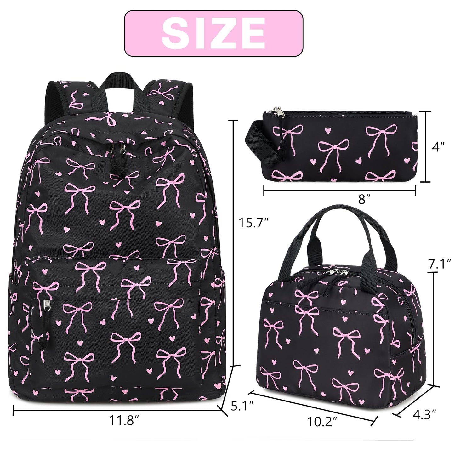 LOIDOU Backpack for Teen Girls Bookbags School Backpack with Lunch Box and Pencil Case 3 in 1 School Bags Set (Black Bow-Tie)