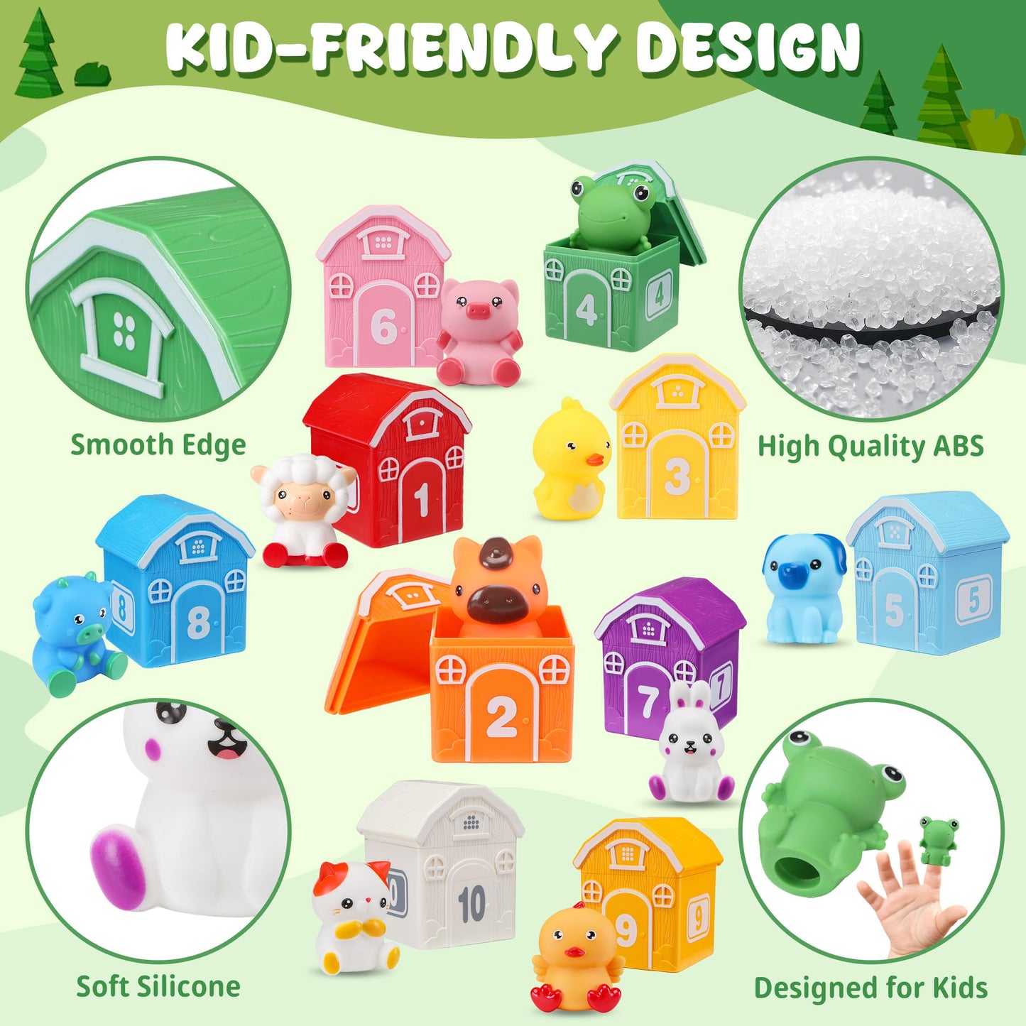 Montessori Toys for Toddlers, 20Pcs Farm Animal Toy Counting, Matching, Sorting Preschool Learning Toy Barn Toy including 10 Barns,10 Finger Puppets and 2 Stickers Birthday Gift Baby Boys Girls
