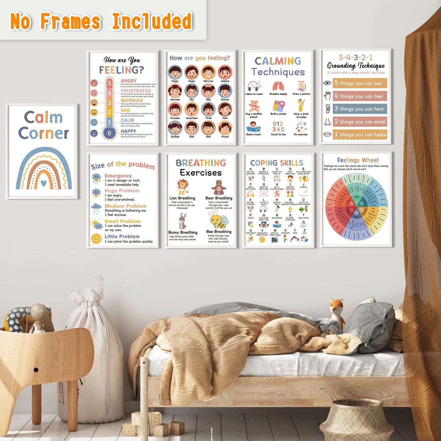 9 Calming Corner Posters,Calm Down Corner Feelings Chart for Kids, Mental Health Posters,Classroom Educational Poster Emotions Chart Coping Skills,Preschool Classroom Wall Art Decorations Mood Calming