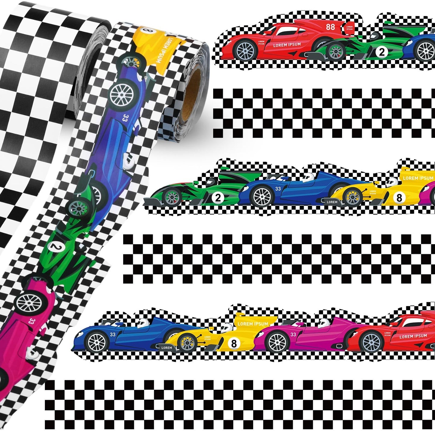 Trandraft 2 Rolls 65.6ft Racing Car Board Borders Decorations Checkerboard Bulletin Board Strips Racing Classroom Decor Back to School Bulletin Trim Borders for Home Office