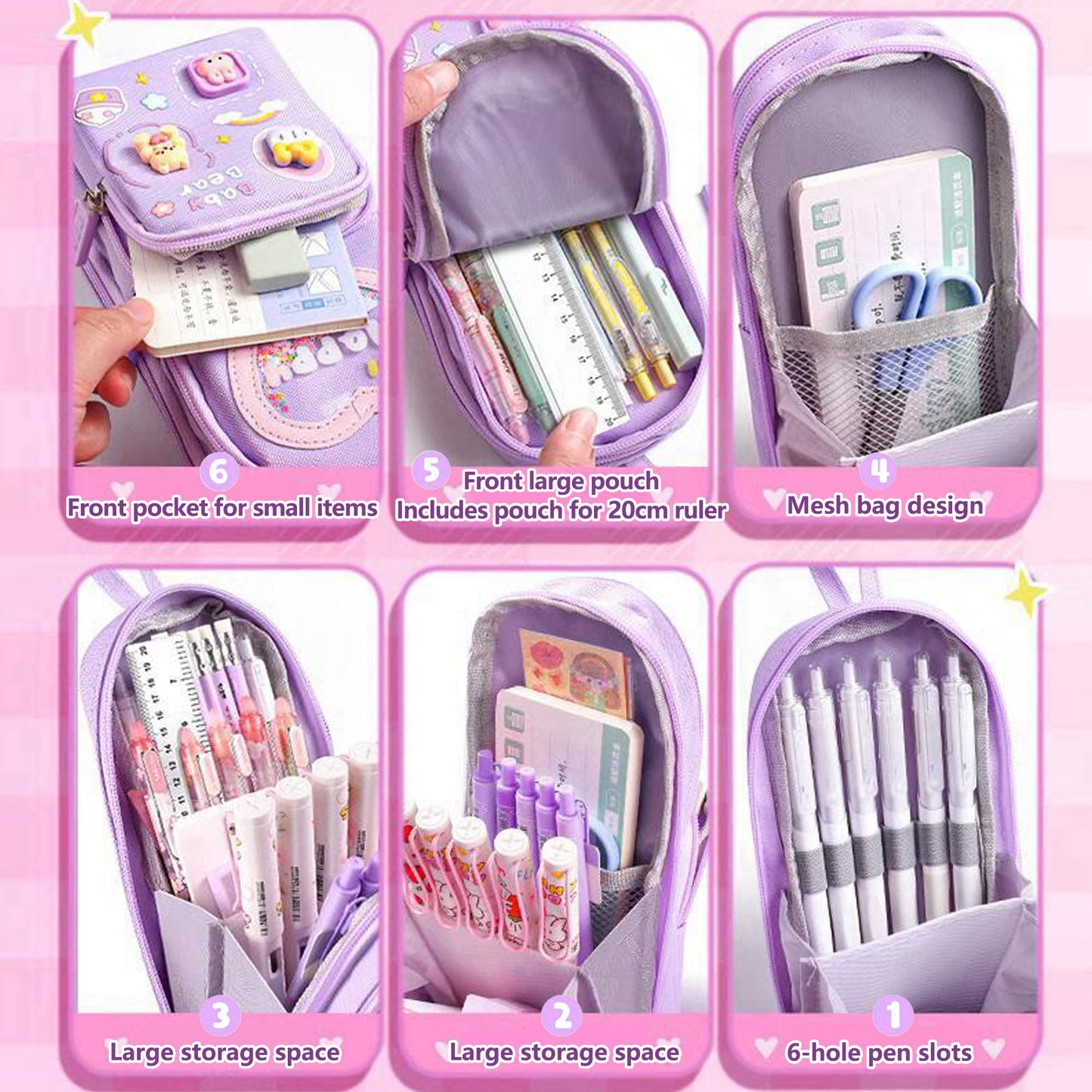 UINSUE Mini Backpack Pencil Case Art Marker Storage Canvas Makeup Pocket Small Gadget Bag Organizer Random Free of Highlighters (Bear Purple)