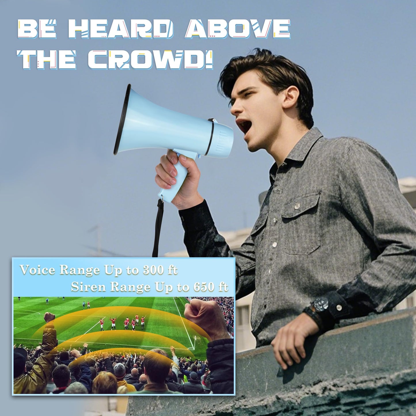 MyMealivos 20W Megaphone Bullhorn, Built in Siren & 240s Recording, 5.4"×8.6" Portable Megaphone with Volume Control Cover Up to 300 feet+ for Indoor and Outdoor Activities(Light Blue)
