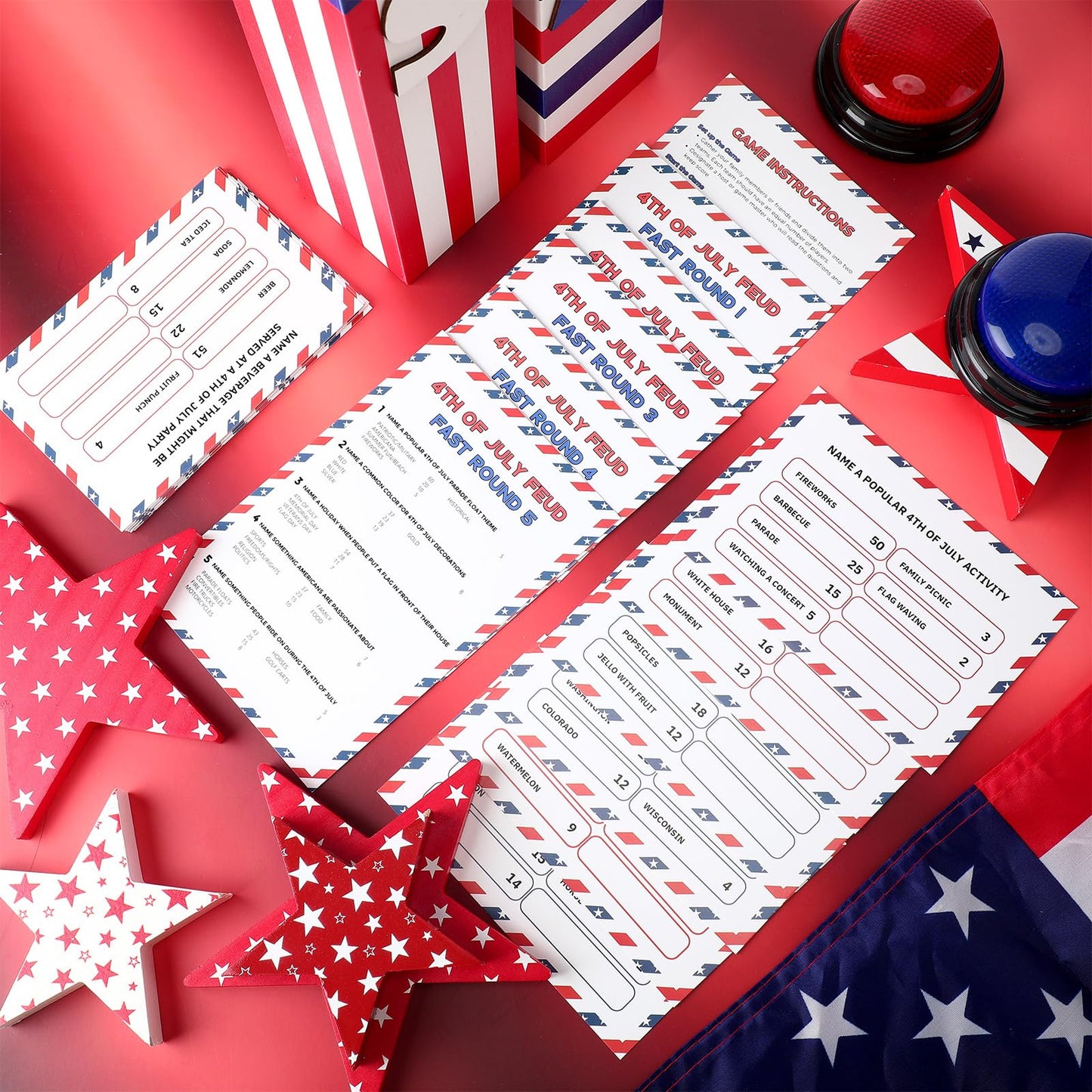 Humyoun 4th of July Friendly Feud Game with 2 Answer Buzzers, Independence Day Feud Cards for Family Game Night Fun Trivia Quiz for Party Office Class Groups Team Building (Red White Blue, Patriotic)