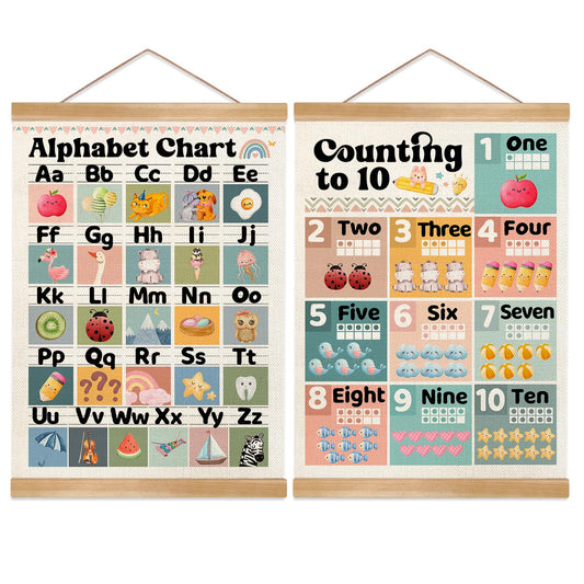 Educational Wall Art Decor for Daycare Set of 2,Colorful Alphabet and Numbers Canvas Print Poster for Preschool, 1-6 Toddler Learning Poster for Nursery Classroom Playroom 14x18.5inch (2, Warm)