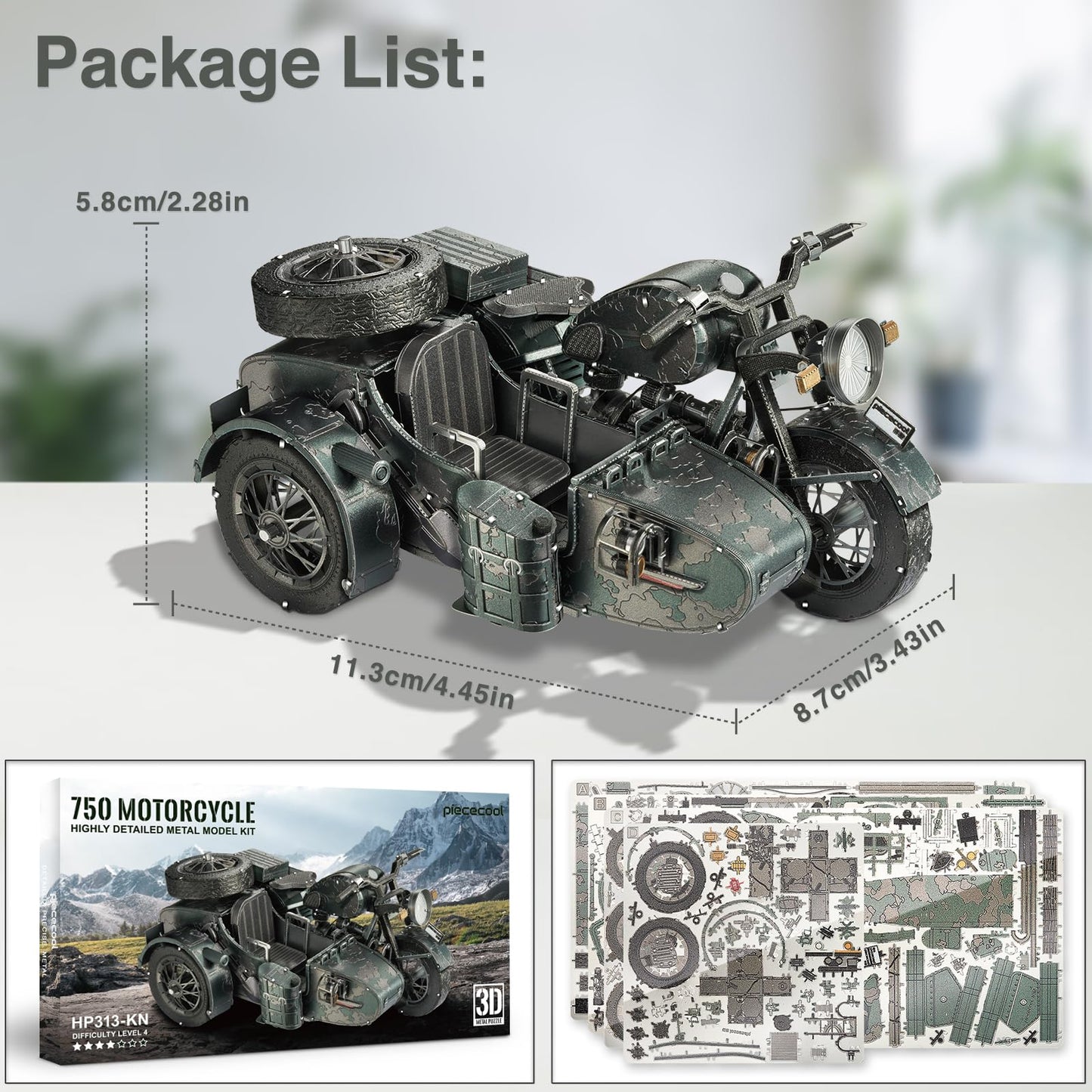 Piececool 3D Puzzles for Adults, Motorcycle with Sidecar Metal Model Building Kits for Family Time, Side Car DIY Assembling Arts and Crafts Best Birthday Gifts