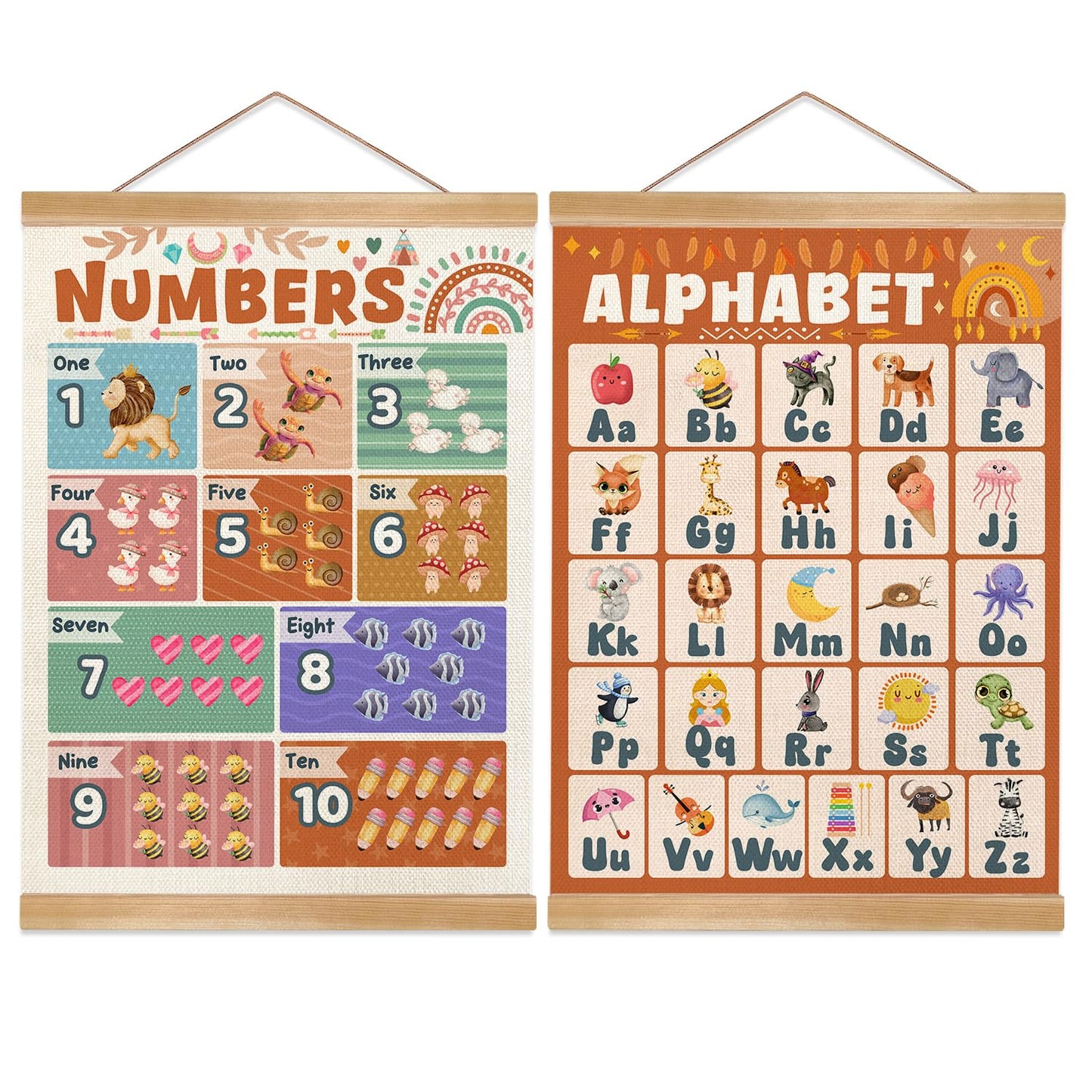 Alphabet Numbers Poster Set of 2, Alphabet Numbers Wall Art, ABC and 1-20 Numbers Canvas Print Banner,Toddler Learning Educational Poster for Playroom Nursery Classroom Decor14x18.5inch (2, Orange)
