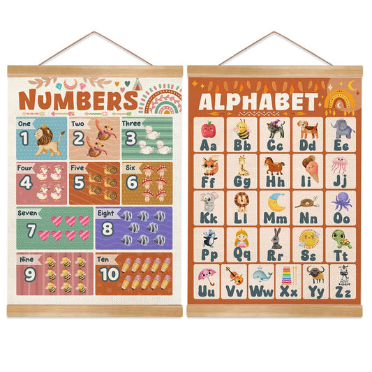 Alphabet Numbers Poster Set of 2, Alphabet Numbers Wall Art, ABC and 1-20 Numbers Canvas Print Banner,Toddler Learning Educational Poster for Playroom Nursery Classroom Decor14x18.5inch (2, Orange)