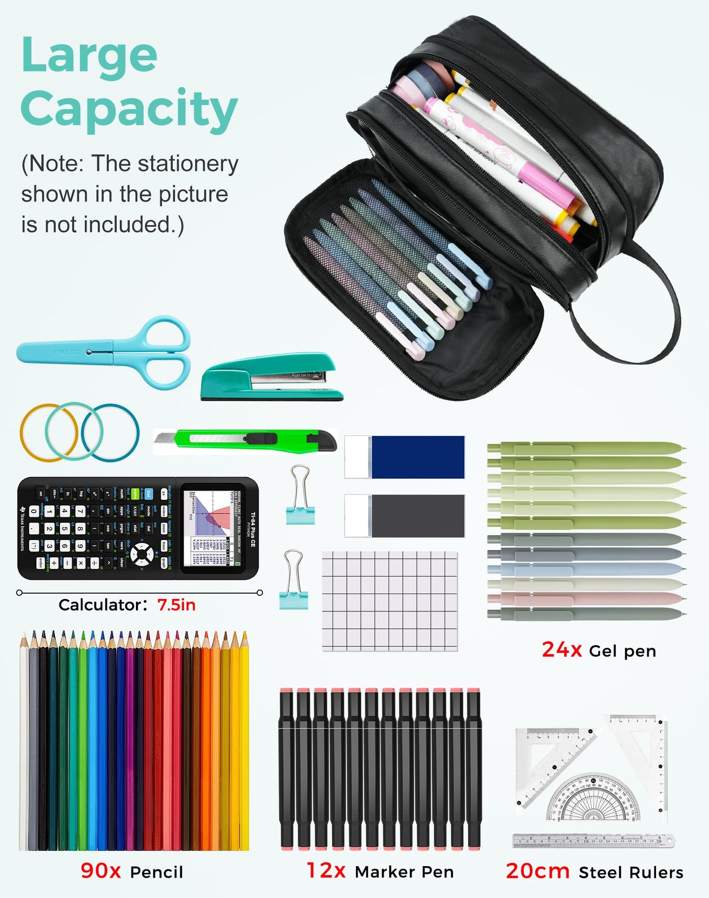 Fmeida Pencil Case Pouch Expandable - Large Pencil Pouch Aesthetic Pencil Bag with 5 Compartments Office Stationery Organizer Pen Bag with Handle for Adult Men Women - Black PU