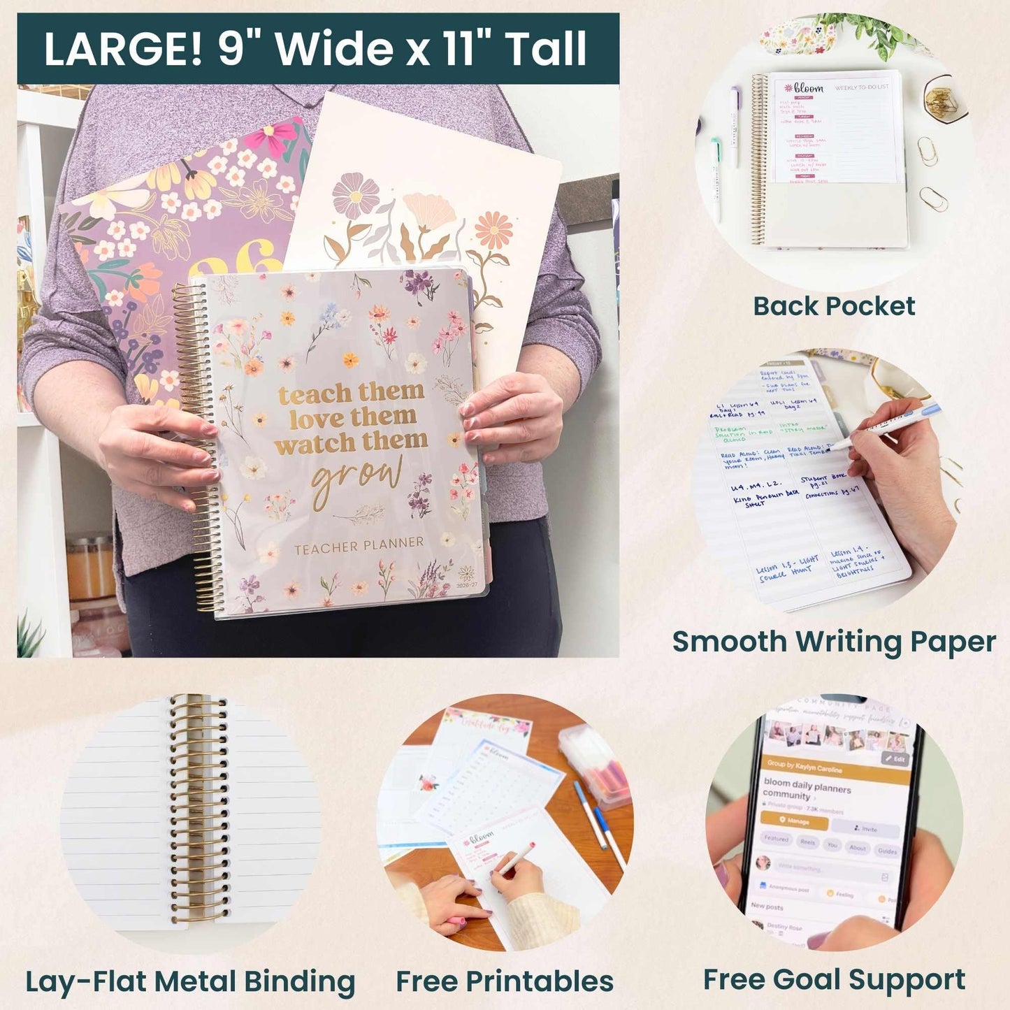 bloom daily planners 2026-2027 Academic Year Teacher Planner & Calendar - 7 Period Lesson Plan Organizer Book for Classroom or Homeschool - 9" x 11" (Interchangeable Cover) - Cool Tones