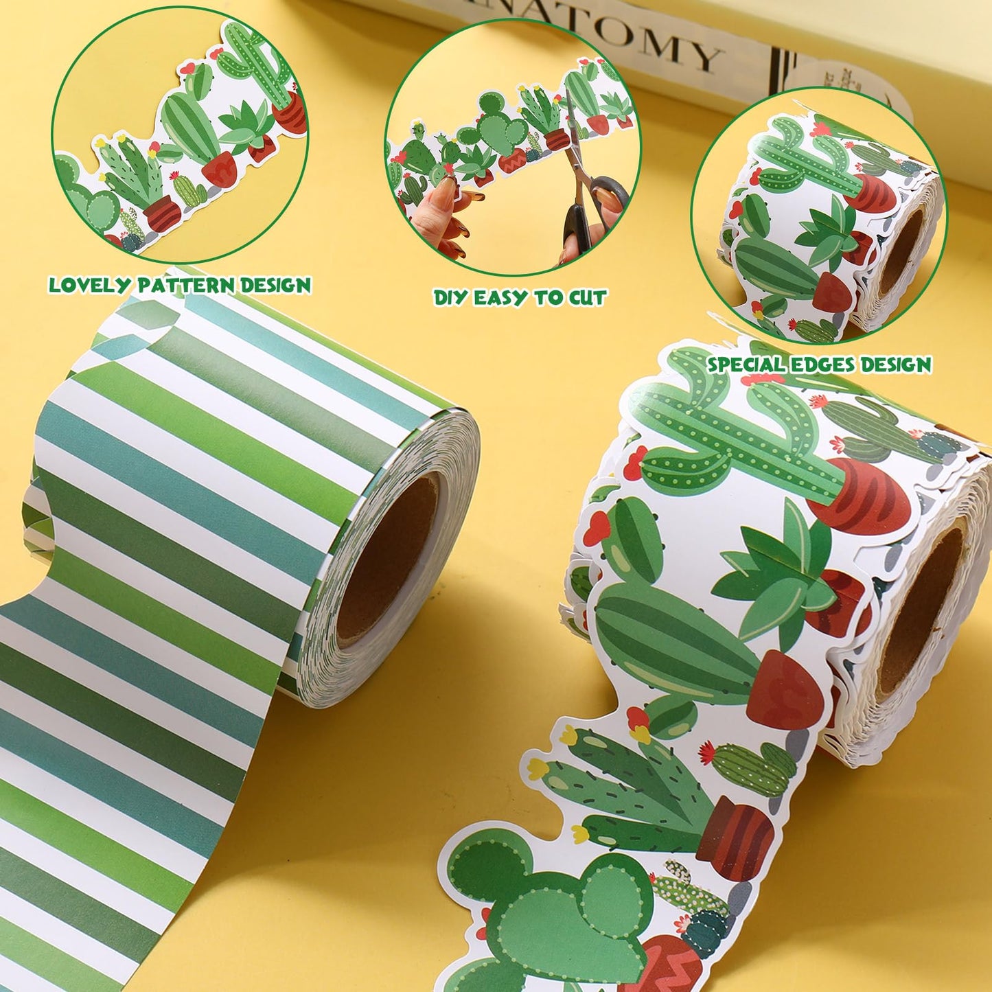 Trandraft 2 Rolls 65.6ft Cactus Bulletin Board Decorations Borders Strips Succulent Classroom Decor Back to School Trim Borders for Home Office(Cactus Style)