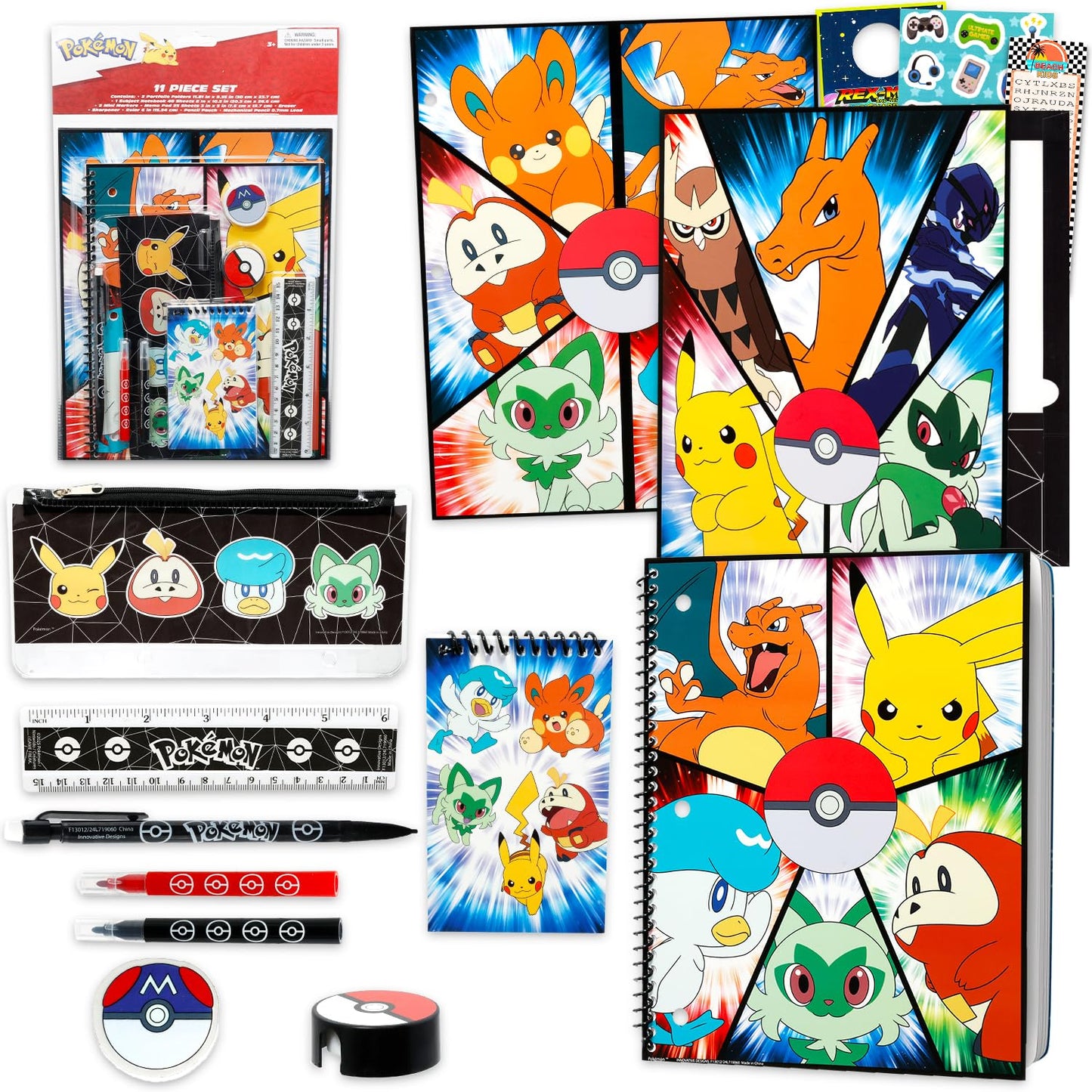 Pokemon Back to School Set for Kids - 11 Piece Bundle with Pikachu Folders, Notebook, Pencils, Bookmark, Stickers, and More | Nintendo School Supplies