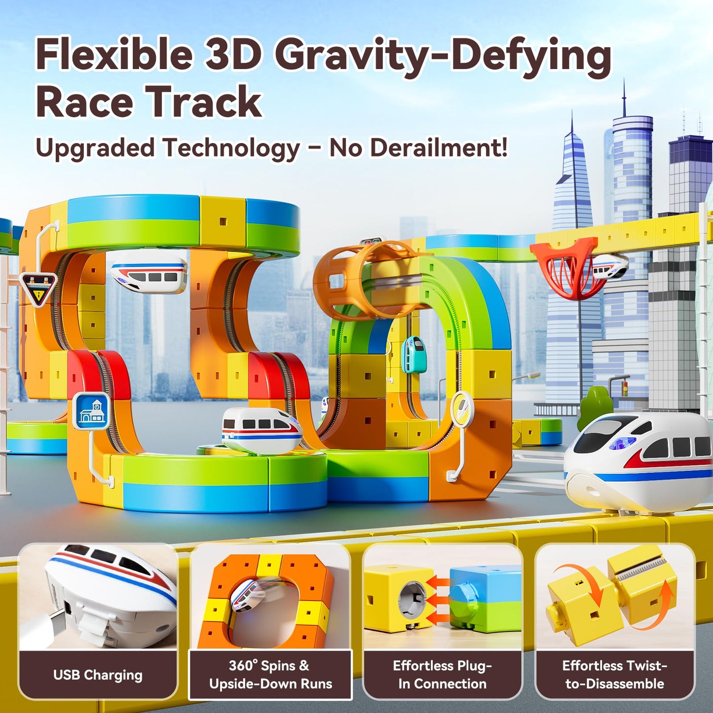 Upgrade Electric Train Set, 3D Cube Track-DIY Rail Cube Block Kit, 172PCS STEM Gravity-Defying Motorized Trains Race Tracks Toys Gift for Kids Boys Girls Age 3 4 5 6 7 8+
