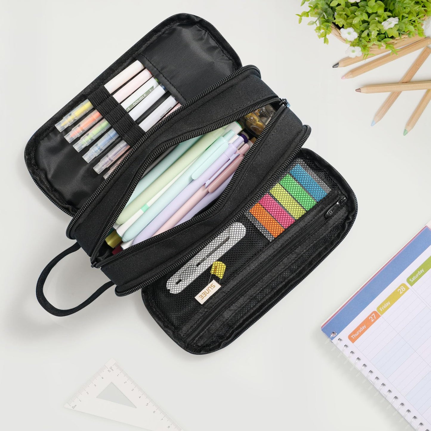 SUNEE Large Capacity Pencil Case with 3 Compartment, Extra Big Pencil Pouch, Pencil Bag with Zipper, Cute High Stationery Organizer, Oxford Pen Box School Supplies for Student Teen Girls Boys, Black