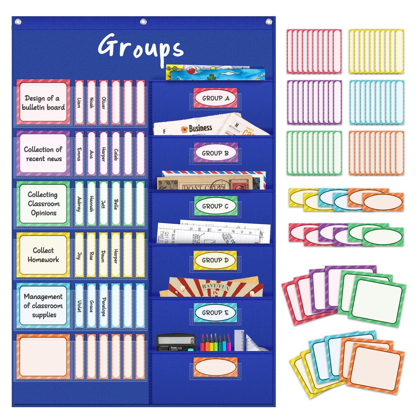 AKAYOK Small Group Pocket Chart with 84 Colorful Dry Erase Cards, Classroom Jobs Chart with 6 Pocket Wall Hanging File Folder, Pocket Chart for Classroom,Office,Home, Small Group Classroom Must Haves