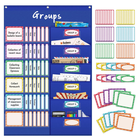AKAYOK Small Group Pocket Chart with 84 Colorful Dry Erase Cards, Classroom Jobs Chart with 6 Pocket Wall Hanging File Folder, Pocket Chart for Classroom,Office,Home, Small Group Classroom Must Haves