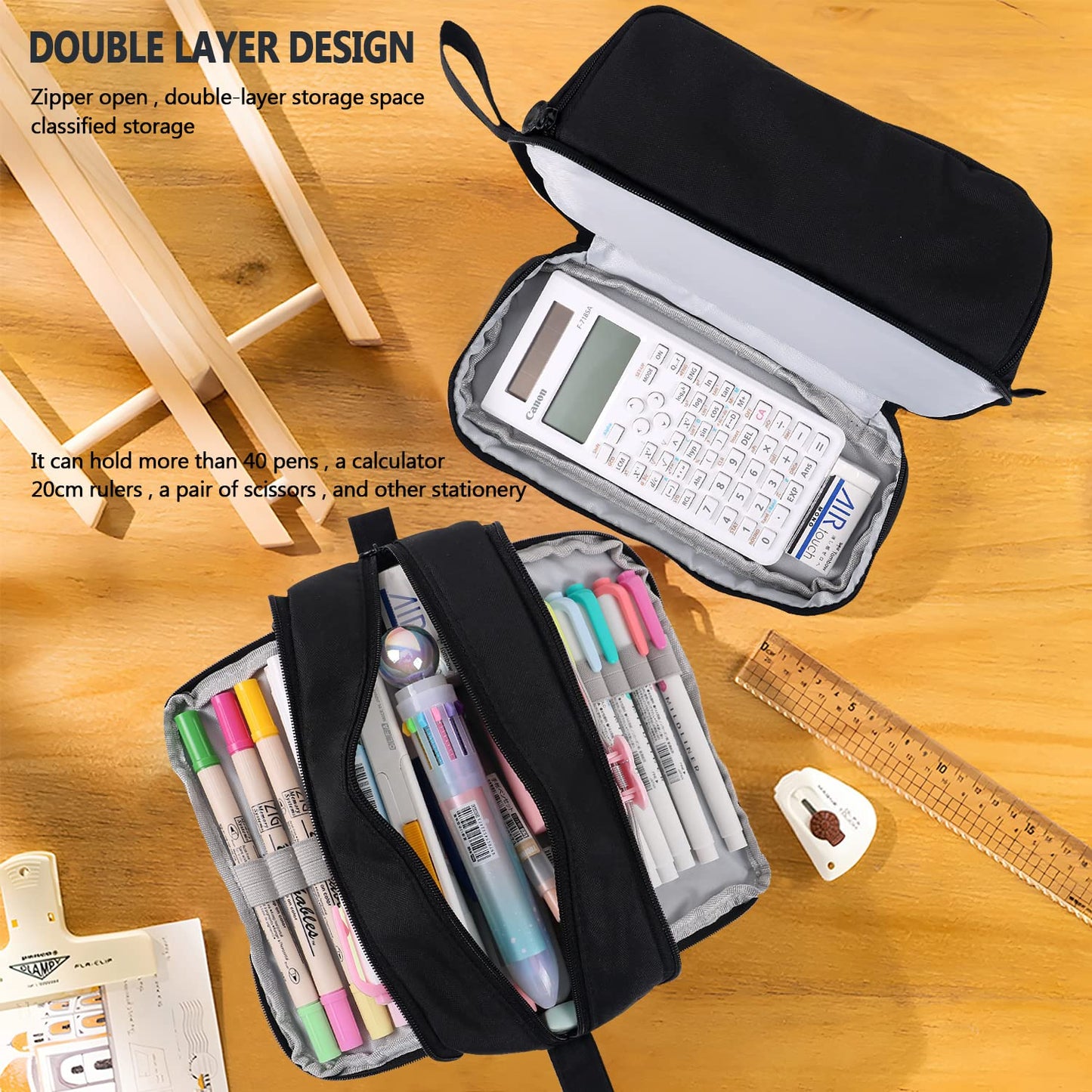MAMUNU Large Capacity Pencil Case 4 Compartments, Pencil Pouch Bag with Zipper Portable Handle, Pen Case Bag Stationery Organizer for Office College School Adults Teen Girls Boys Men Women, Black