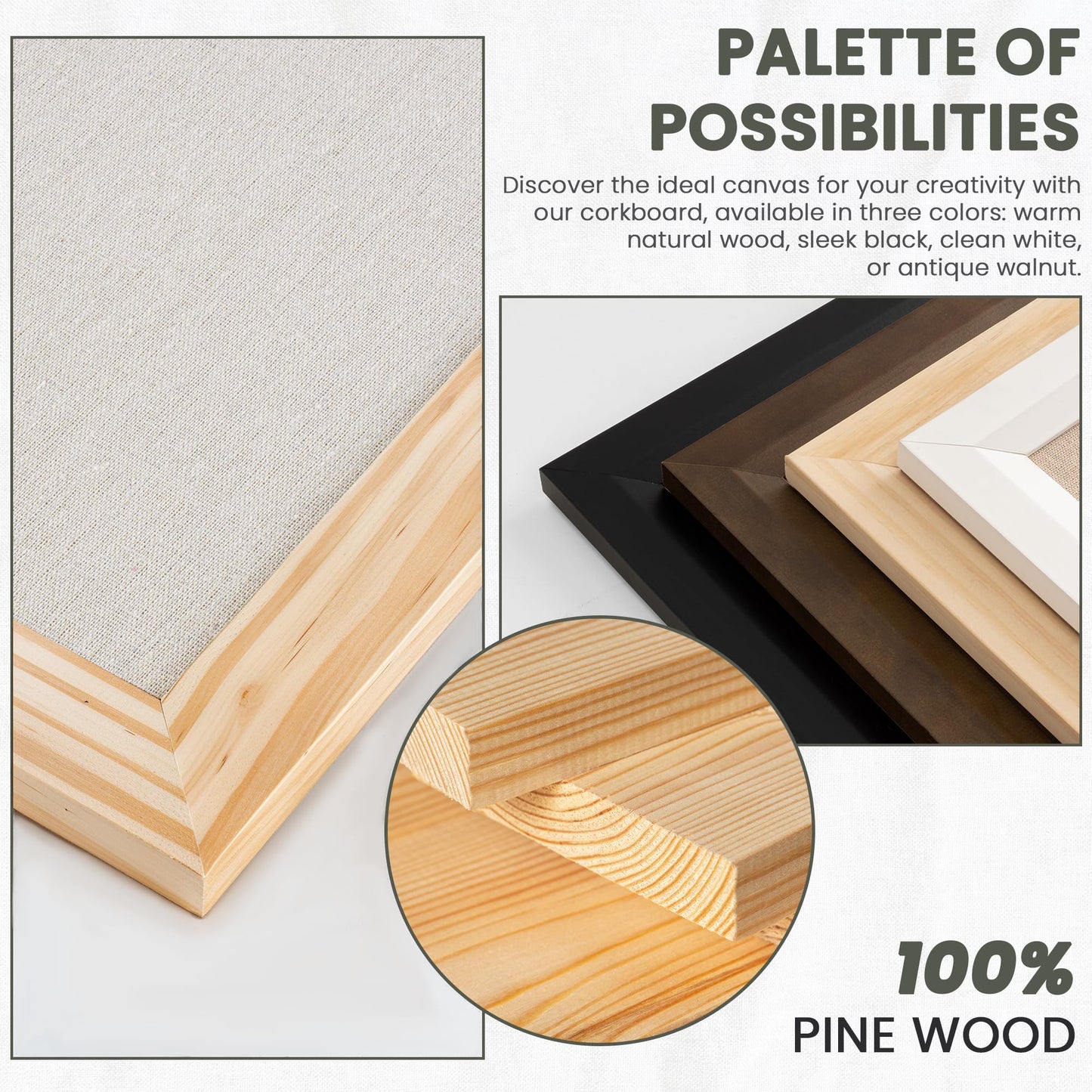 Bulletin Board Cork Board with Linen, 100% Wood Framed 18" x 24" Bulletin Board Decorations, Pin Boards for Walls, Wall Mounted Fabric Picture Board with 10 Pushpins for School, Home & Office, Natural