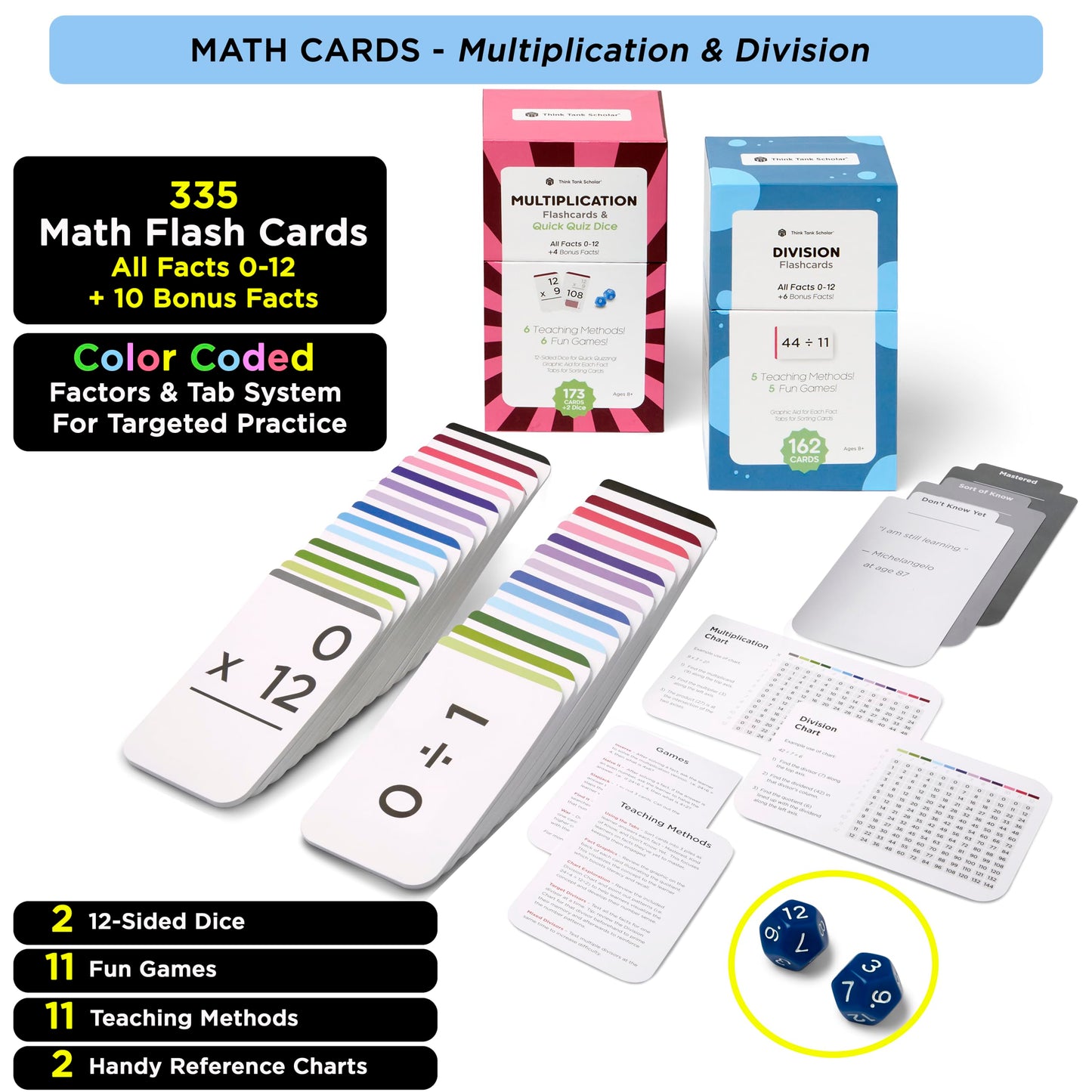 Award-Winning Math Flash Cards – 711 Multiplication & Division Facts (0–12) – Jumbo Cards (3.1” x 5.2”), Visual Aids, 2 Dice, Games, Charts & Mastery Divider Tabs – Grades 3–6 Classroom & Homeschool