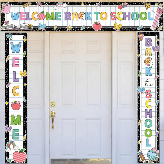 Fanfanwin 3 Pcs Welcome Back to School Banner Pastel Composition First Day of School Decoration Learning Party Supplies for Teacher Kindergarten Primary Classroom Decoration