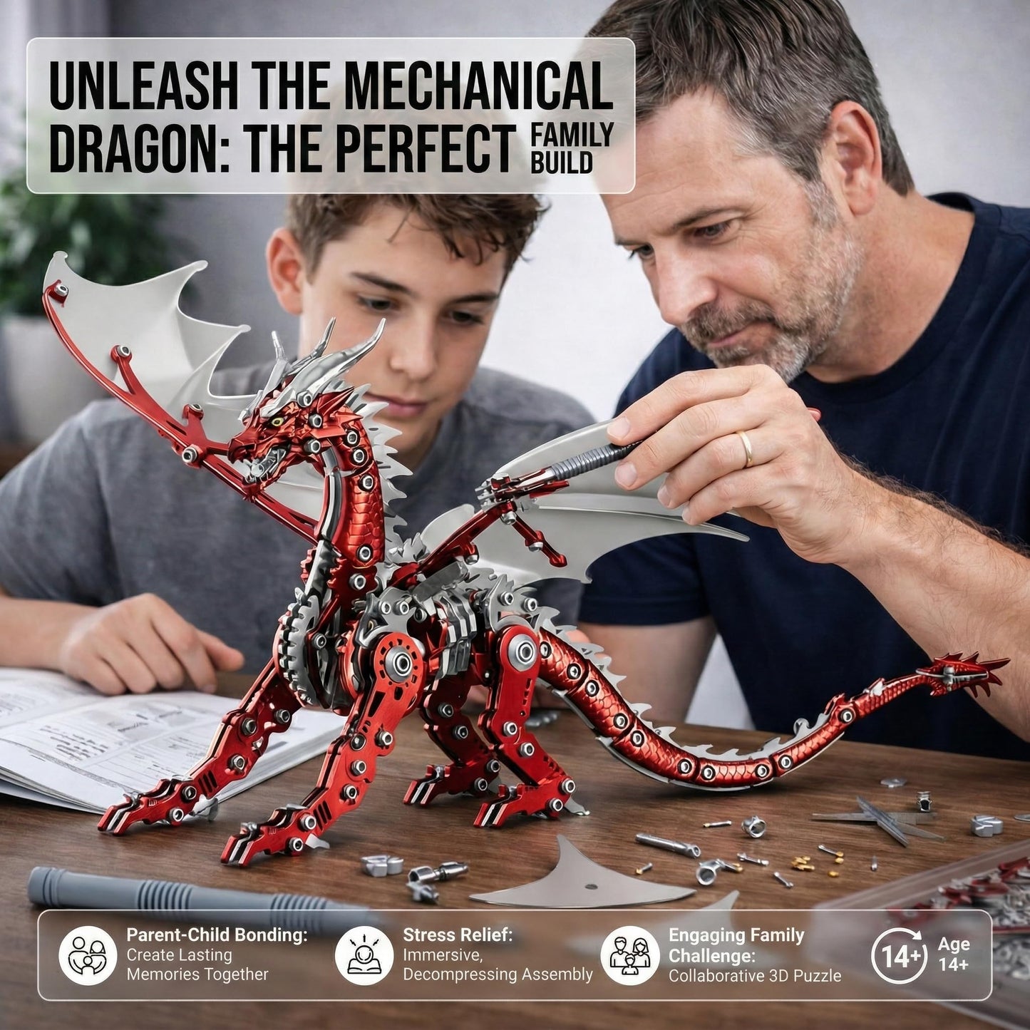 3D Metal Dragon Model Kit for Adults, Mechanical Pterosaur Puzzle, DIY Assembly Steel Model, Challenging Building Kit, Unique Gift for Men Desk Decor