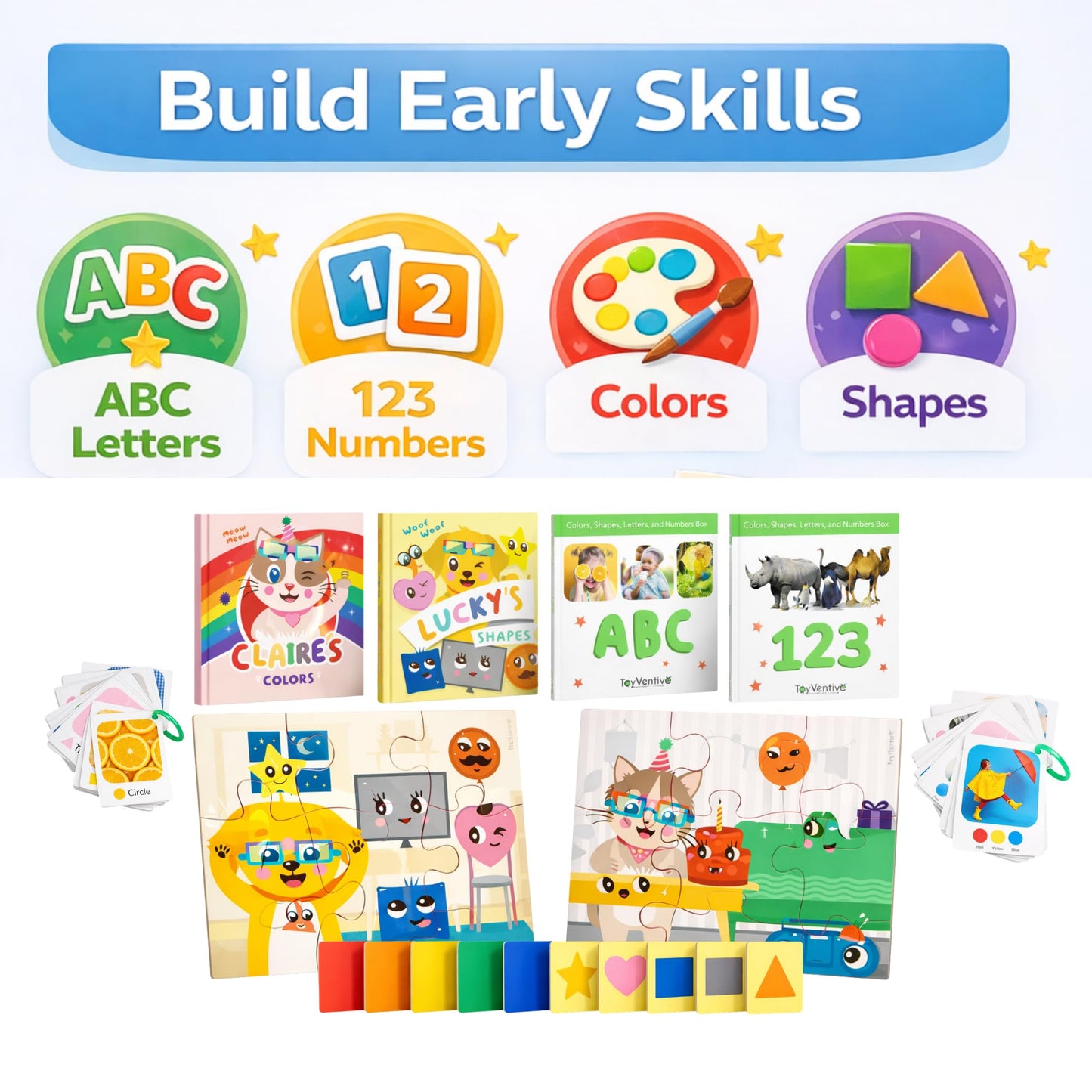 TOYVENTIVE Books, Toddler Flash Cards, and Puzzles – Educational Toys and Birthday Gifts for 1, 2, 3 Year Old Girl, Preschool Learning Activities and Games, Colors, Shapes, Letters, Numbers